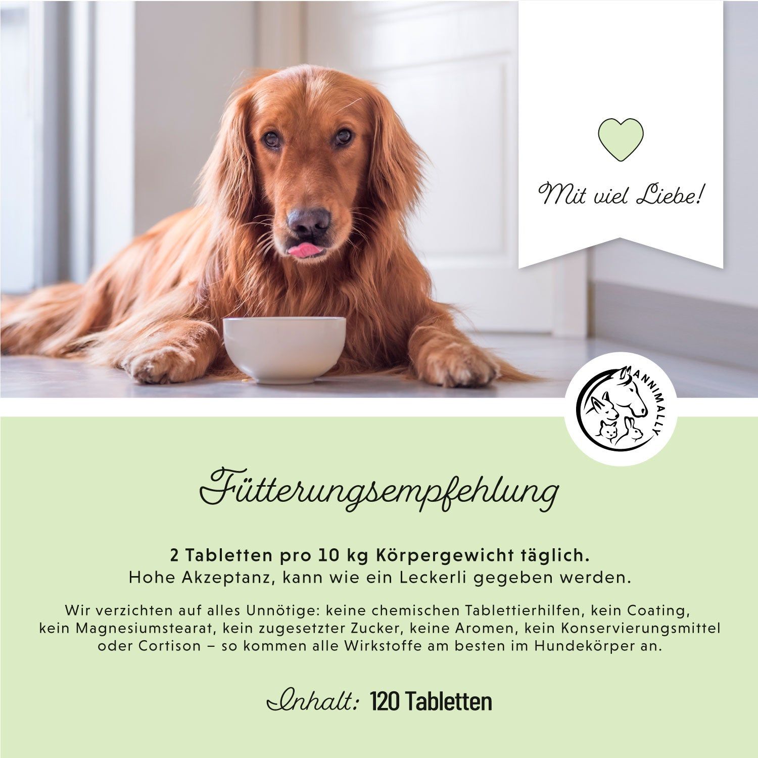 Golden Retriever con ciotola. Testo: Raccomandazioni per l'alimentazione: 2 compresse per 10 kg di peso corporeo al giorno. Contenuto: 120 compresse. Logo: Annimally.