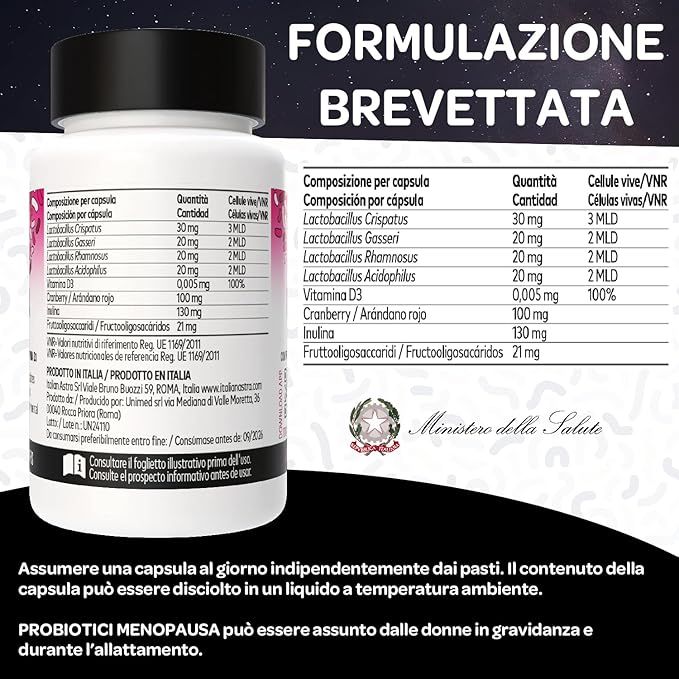 Tabella nutrizionale su sfondo bianco. Contiene informazioni su ingredienti e quantità. Testo: Formulazione Brevettata.