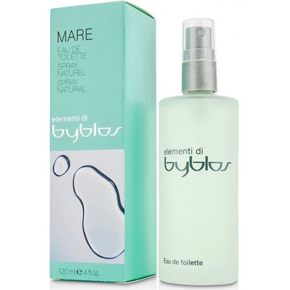 Flacone e scatola verde chiaro. Scritta: Mare Eau de Toilette Spray, elementi di byblos. 120 ml.