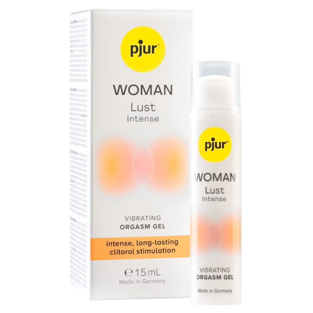 Confezione e flacone del prodotto. Testo: WOMAN Lust Intense, Vibrating Orgasm Gel, intense, long-lasting clitoral stimulation, e 15ml, Made in Germany.