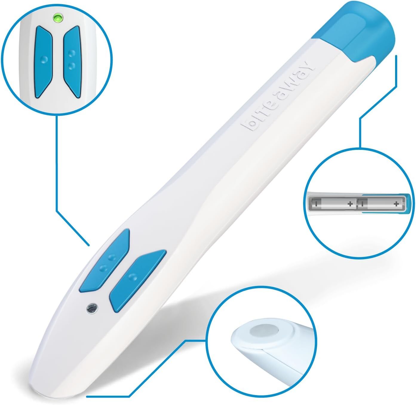 Dispositivo bianco con pulsanti e punta blu. Dettagli: pulsanti, batterie, superficie di contatto. Dispositivo in dettaglio.