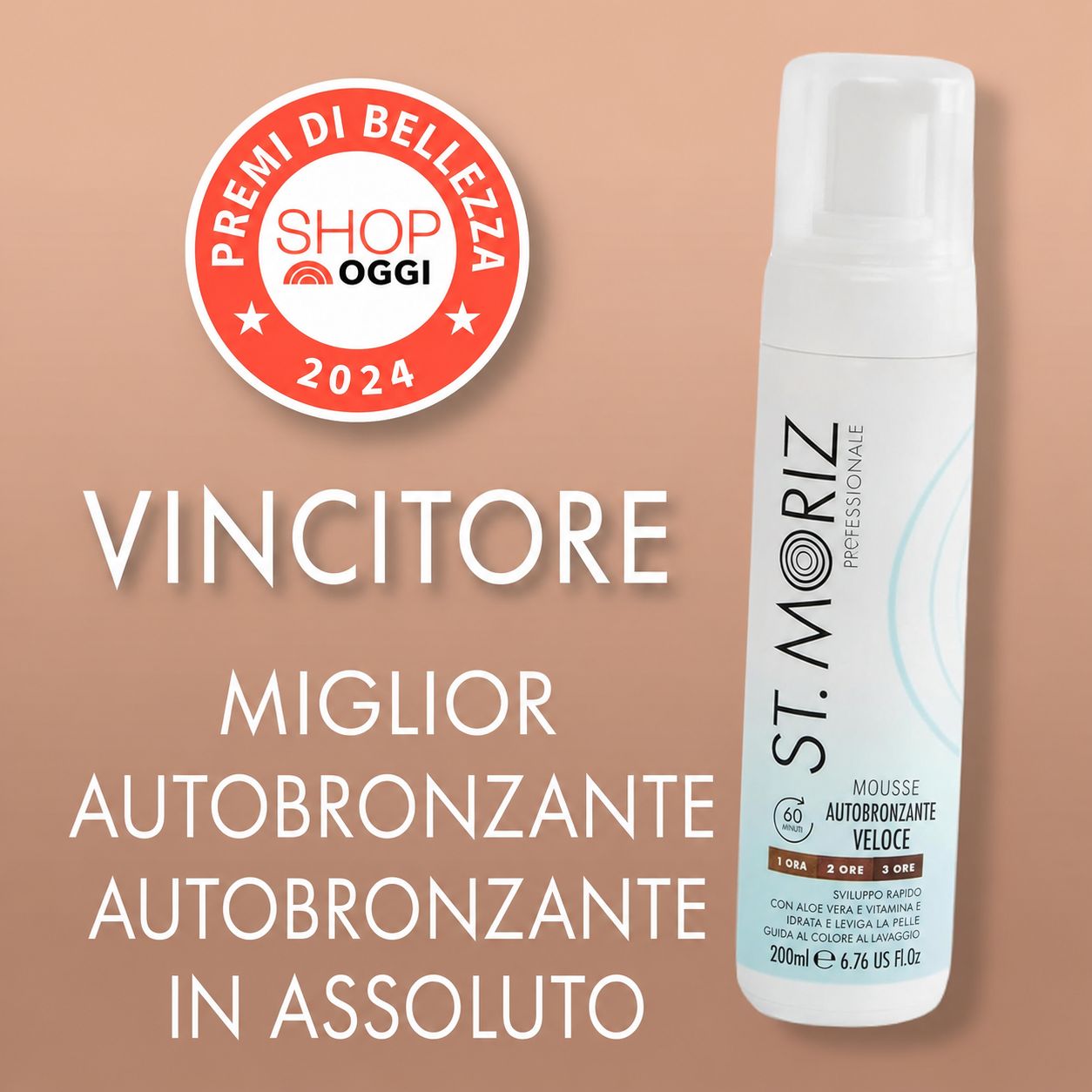 Prodotto premiato. Testo: Vincitore, miglior autoabbronzante. Logo: Shop Oggi 2024.