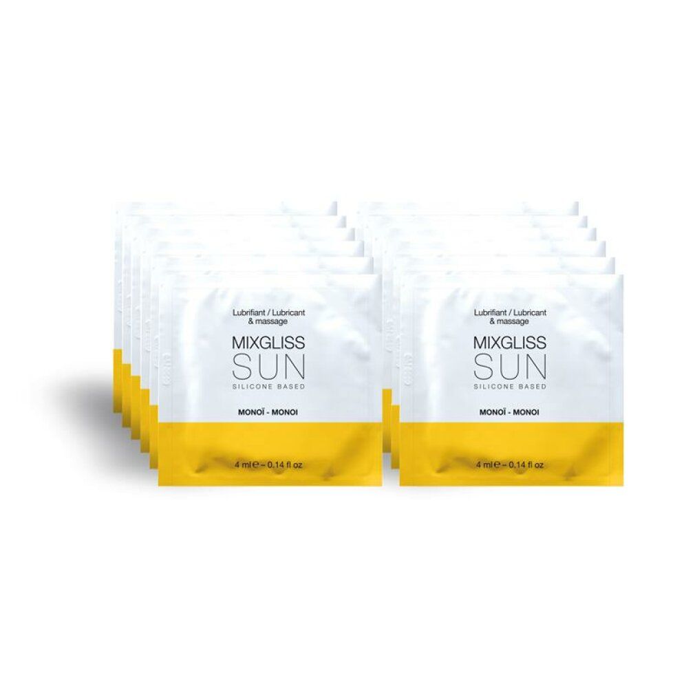 Confezioni singole con banda gialla. Scritta: MIXGLISS SUN, SILICONE BASED, MONOI. 4 ml.