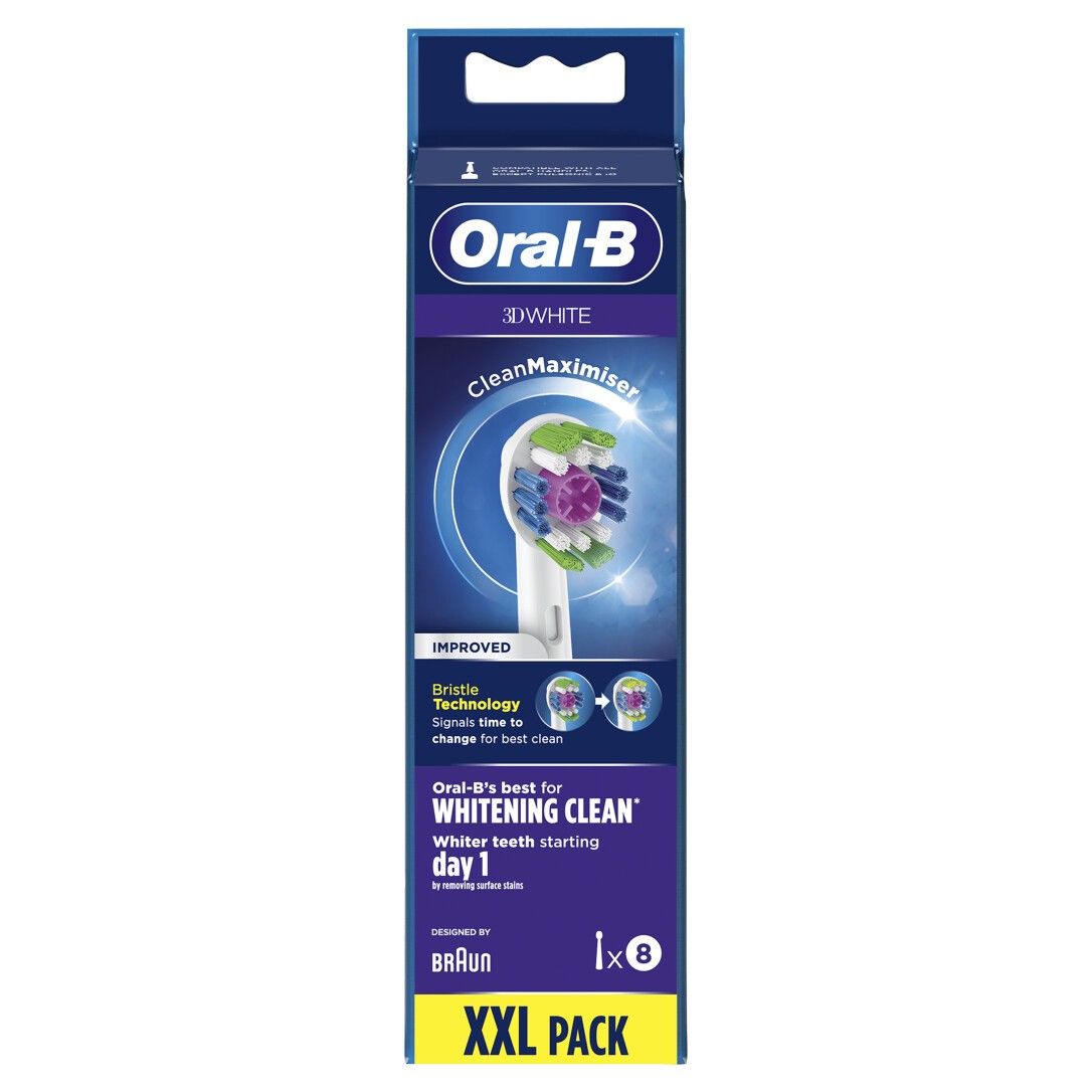 Confezione da 8 testine per spazzolino. Marchio Oral-B, CleanMaximiser, 3D White. Confezione XXL.