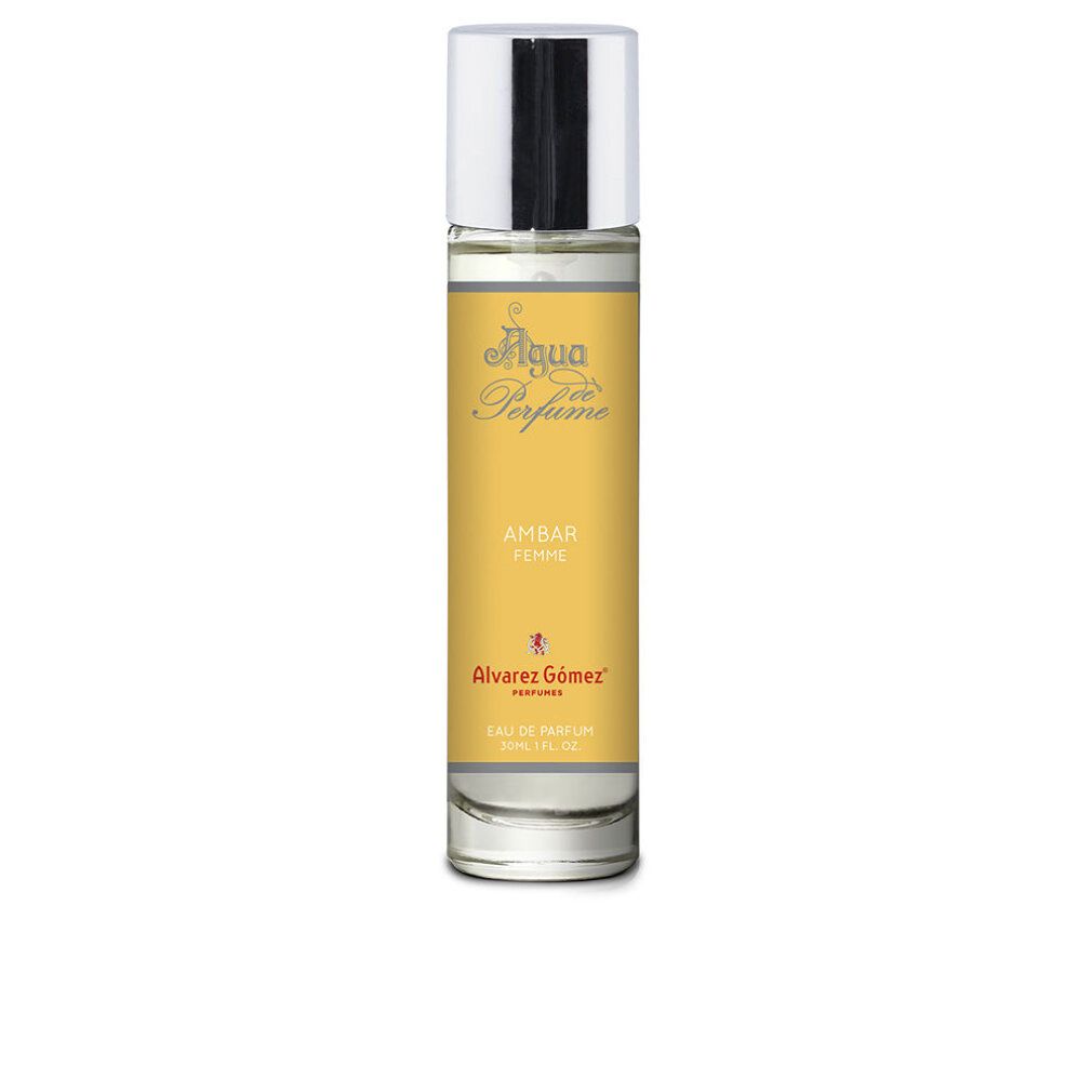 Flacone di profumo con tappo argentato ed etichetta gialla. Scritte: Agua de Perfume, Ámbar Femme, Alvarez Gómez. Liquido trasparente.