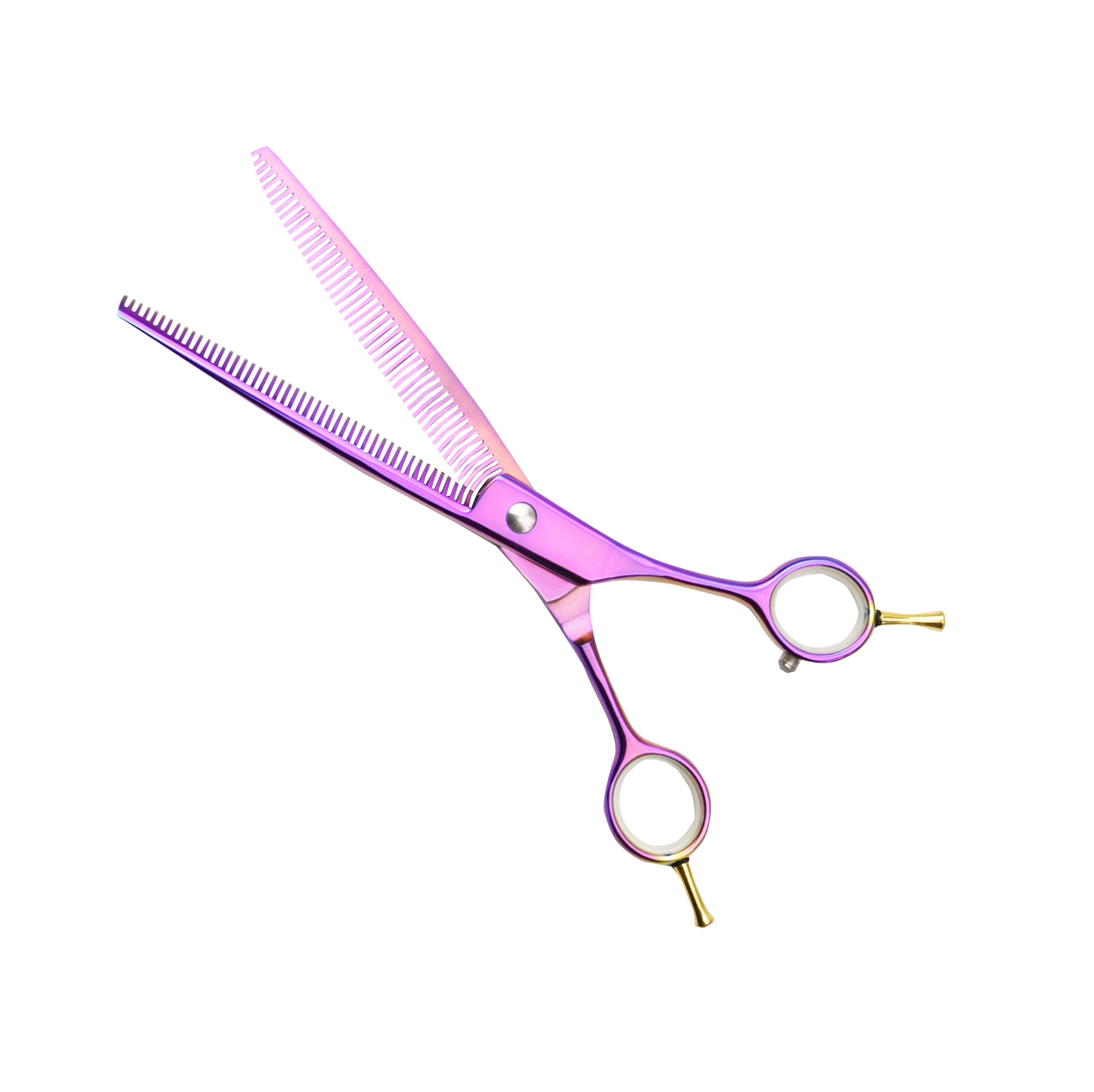 Forbici sfoltitrici viola-oro. Denti doppi. Posizione aperta. Anelli per dita in metallo.