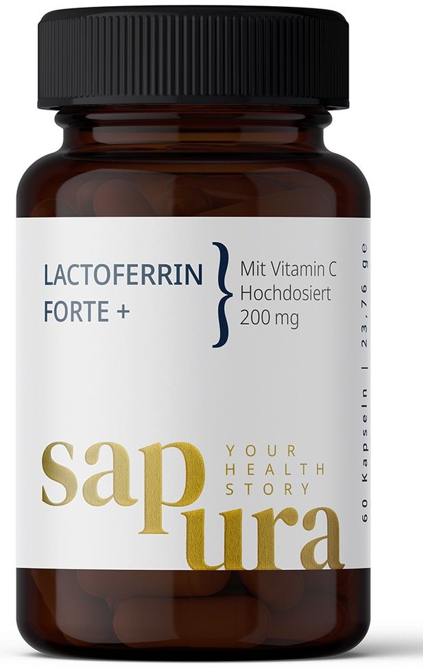 Flacone di vetro marrone con tappo nero. Etichetta con "Lactoferrin Forte +", "Vitamina C", "Hochdosiert" e logo "sapura".