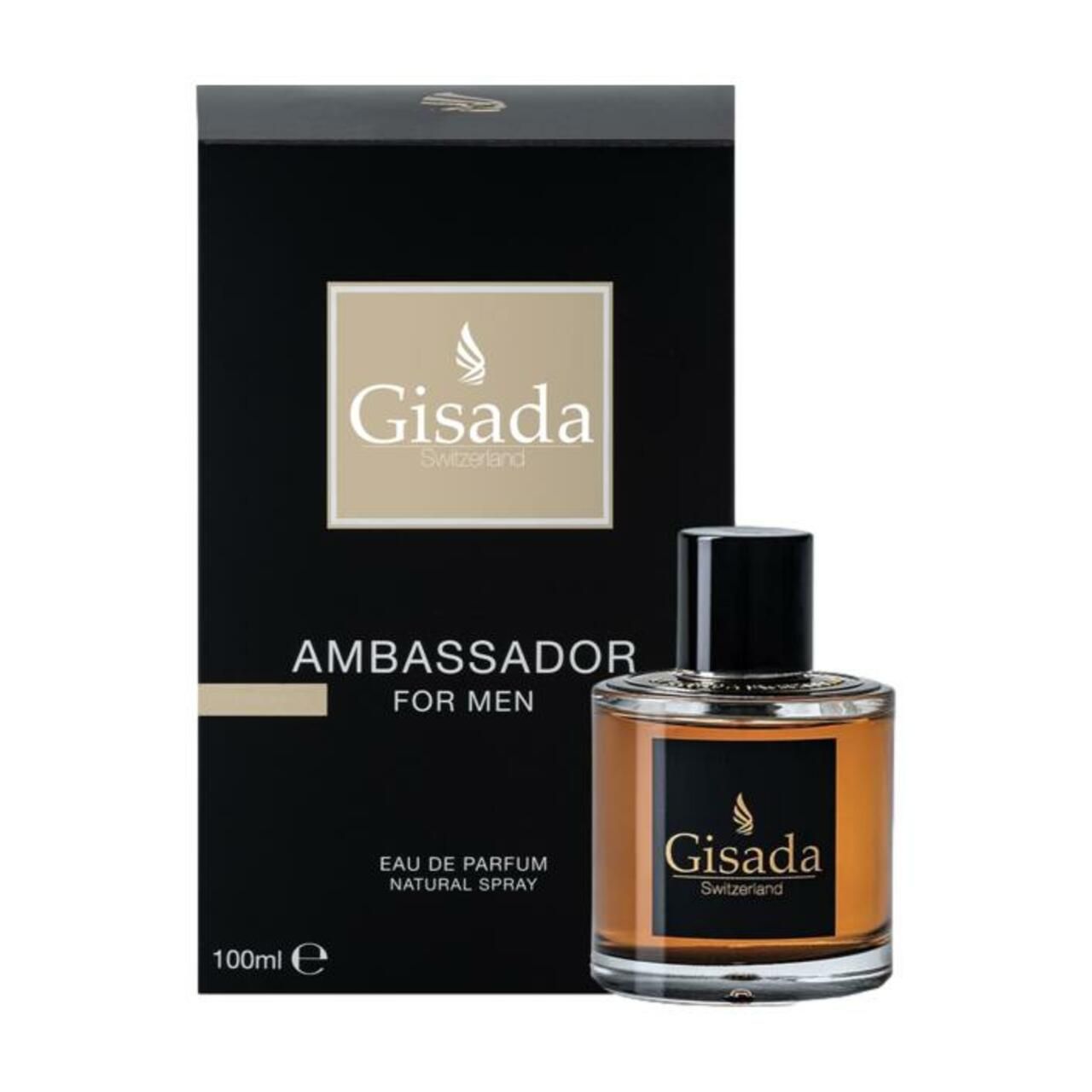 Flacone in vetro accanto a confezione nera. Etichetta nera con scritta dorata: Gisada, Switzerland. Confezione con scritta AMBASSADOR FOR MEN.