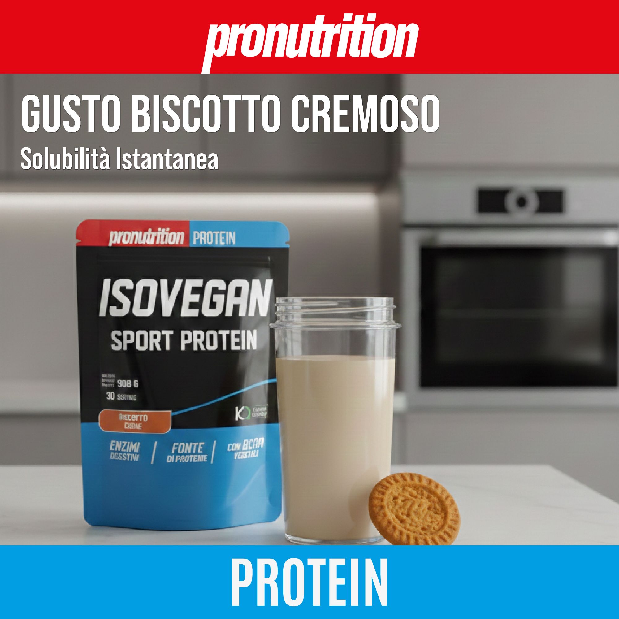 Confezione di IsoVegan Sport Protein, gusto biscotto. Accanto, un bicchiere con bevanda e un biscotto. Scritta: Gusto Biscotto Cremoso.