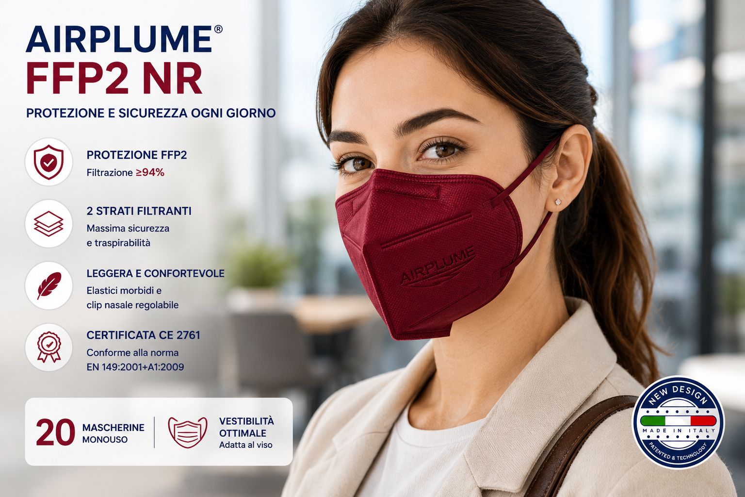 BRAND ITALIA - AIRPLUME FFP2 NR Mascherine colore Bordeaux