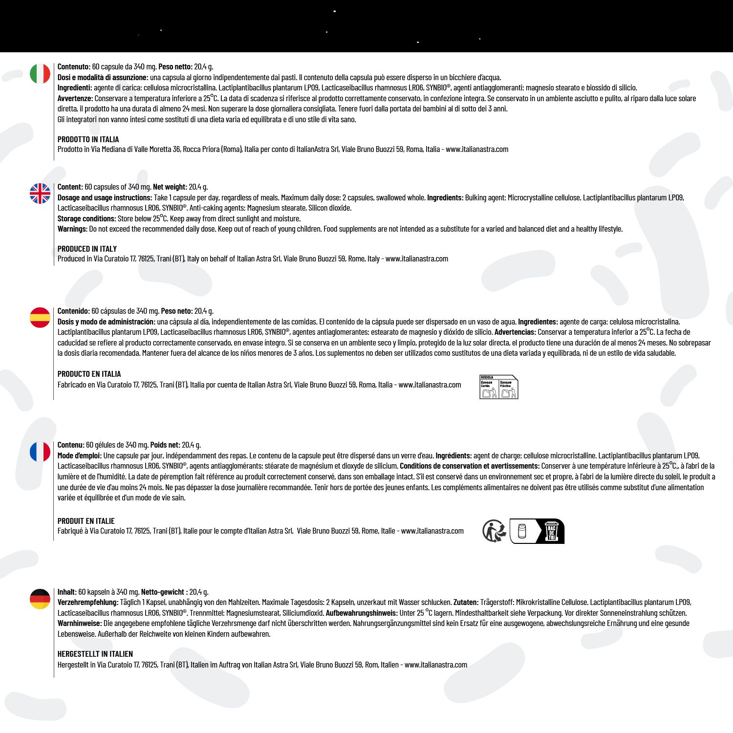 Informazioni sul prodotto in più lingue. Testo: 60 capsule, ingredienti, istruzioni di conservazione, Prodotto in Italia.