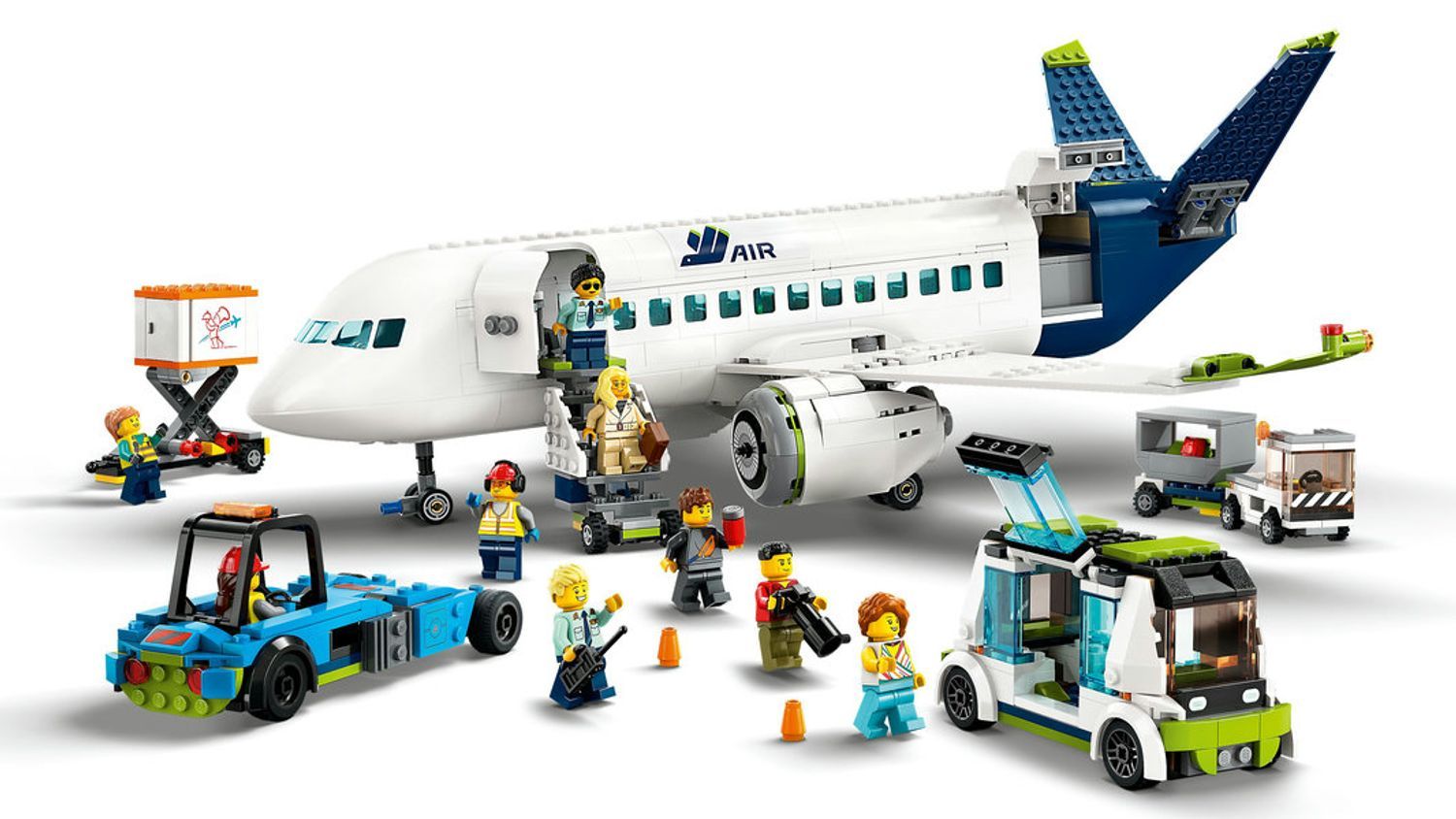 Set LEGO City con aereo, scena aeroportuale e minifigure. Vari veicoli e personaggi.