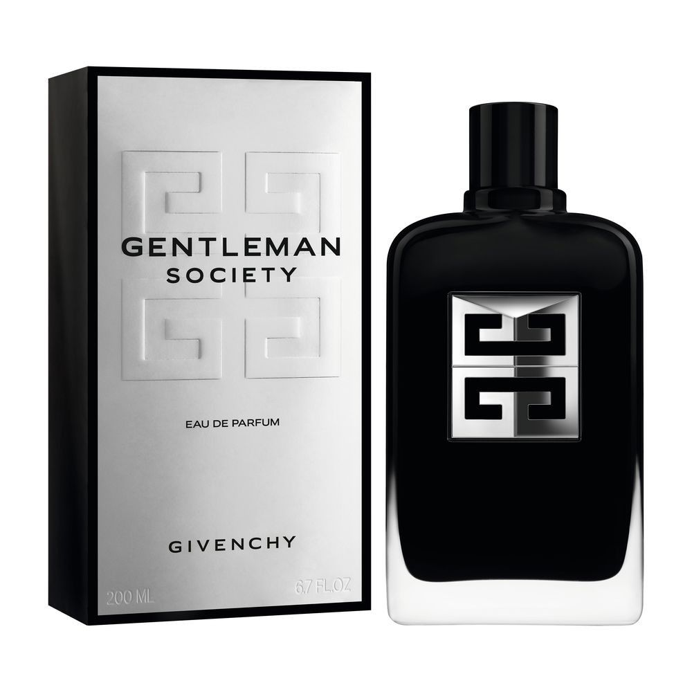 Flacone nero e confezione. Scritta: Gentleman Society Eau de Parfum, Givenchy. Logo argentato. 200 ml.