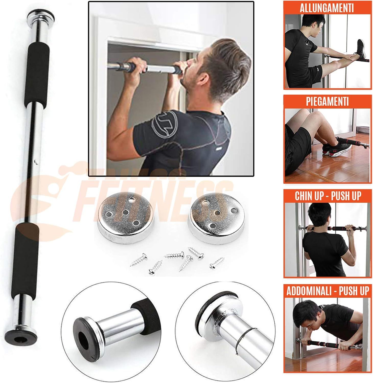 Barra per trazioni con accessori. Mostrato: montaggio, esercizi. Metallo, impugnature nere, viti, supporti.