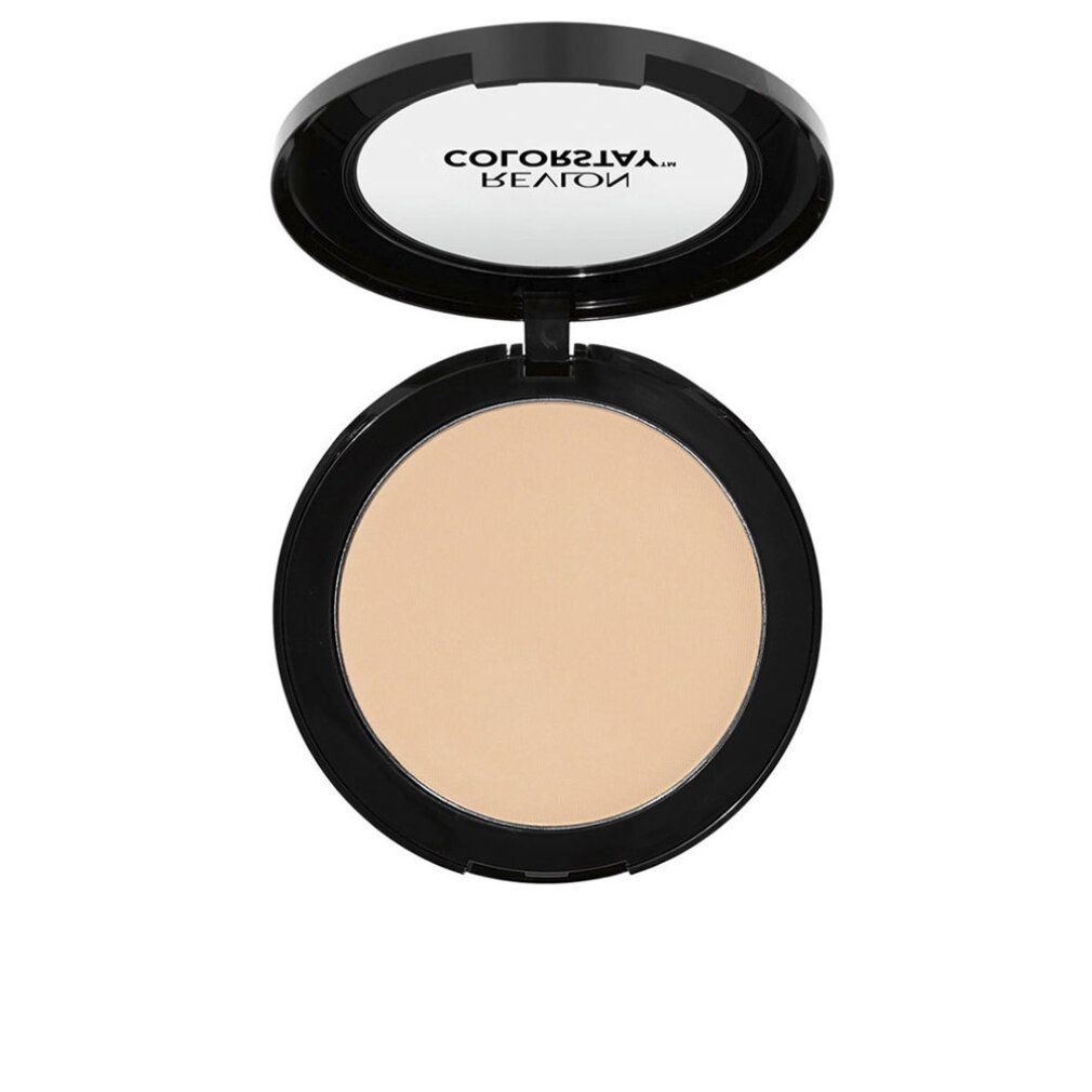 Contenitore di cipria rotondo aperto. Cipria beige, specchio nel coperchio. Scritta: Revlon Colorstay.