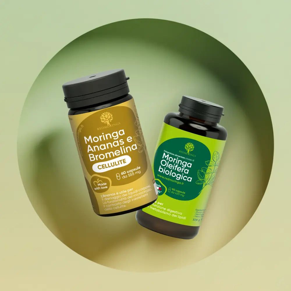 Due flaconi. Testo: Moringa Ananas e Bromelina Cellulite, Moringa Oleifera biologica. Su sfondo verde.