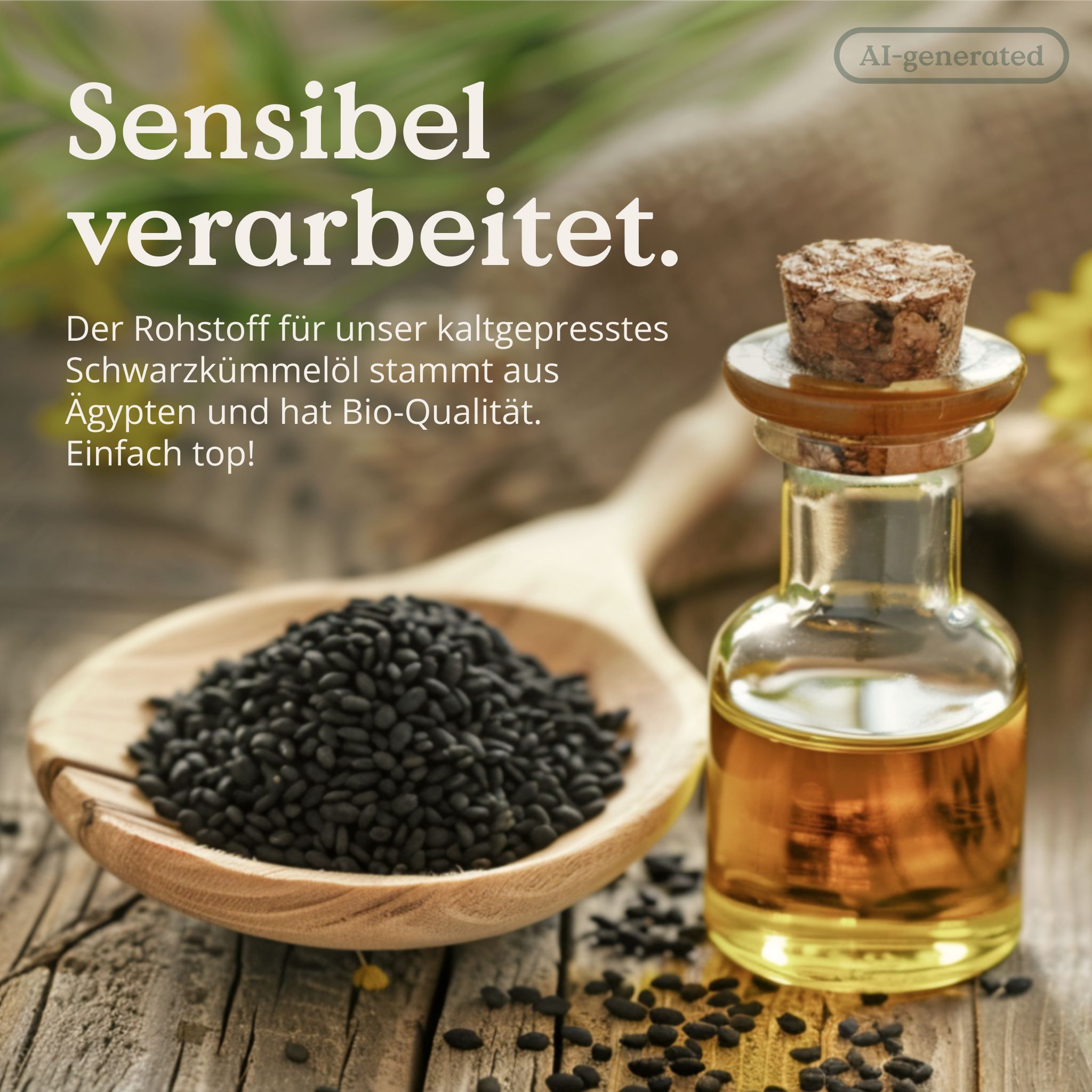 Flacone di olio di cumino nero biologico. Sigilli: "Bio", "Nature Love". "Materia prima di qualità biologica".