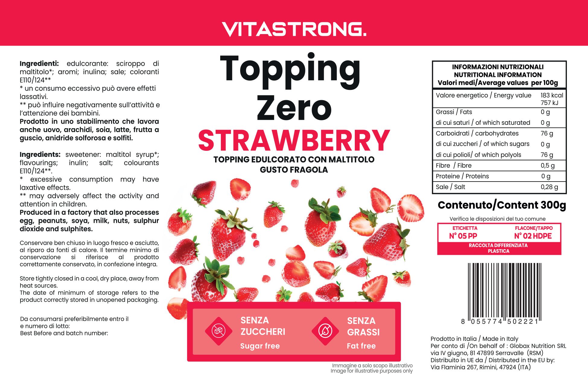 Etichetta con informazioni prodotto. Testo: Vitastrong, Topping Zero Strawberry, senza zucchero e grassi. Illustrazione di fragole.