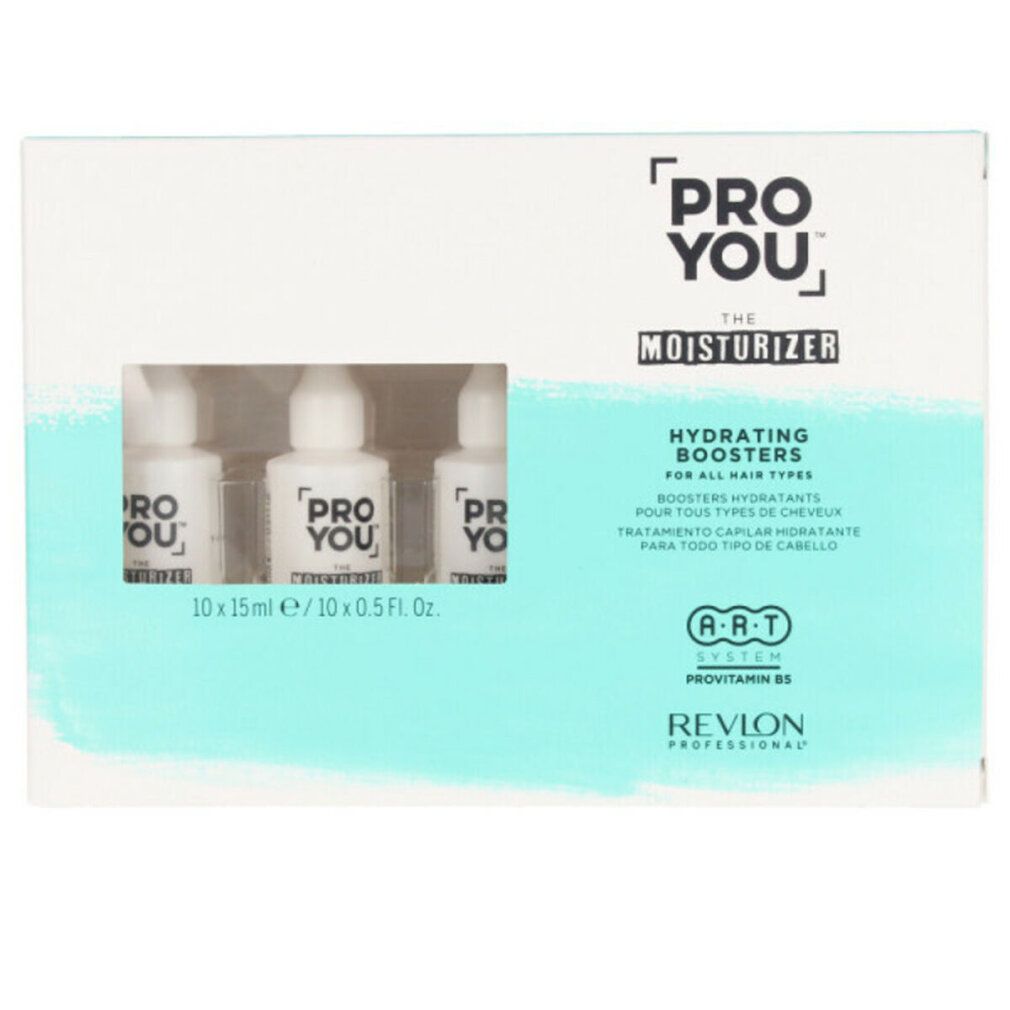 Confezione con tre flaconi. Scritta: PRO YOU, THE MOISTURIZER, HYDRATING BOOSTERS. Marchio: Revlon.