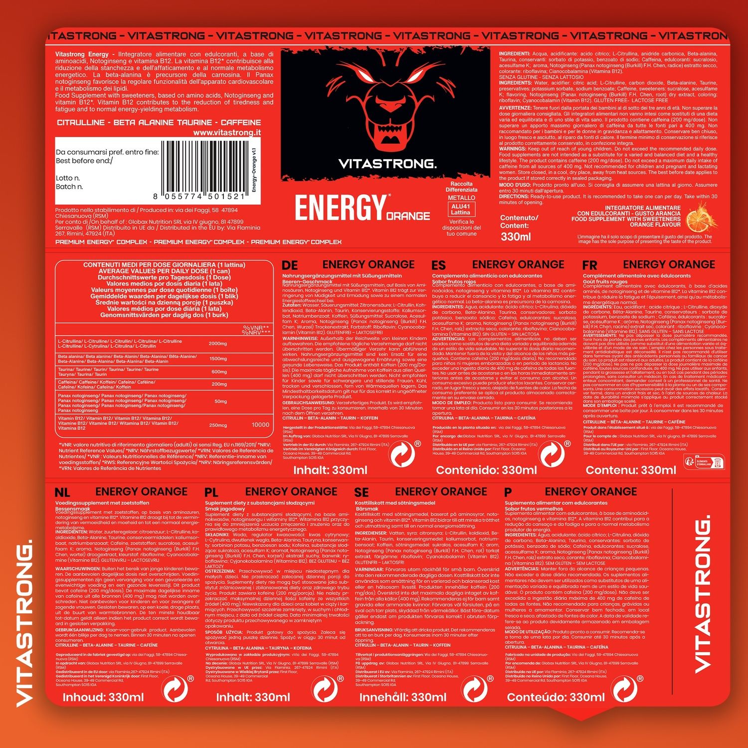 Vitastrong Energy Orange. Retro della confezione. Testo in più lingue.