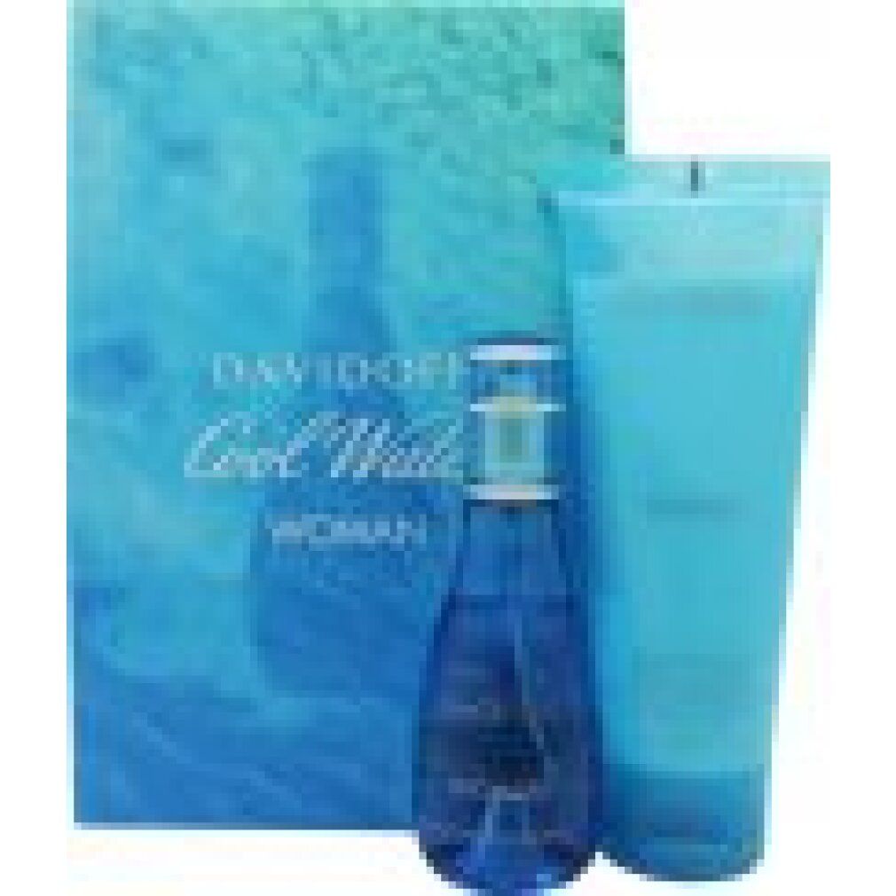 Set regalo con flacone, tubo e scatola. Flacone e tubo blu. Scatola con scritta Davidoff Cool Water Woman.
