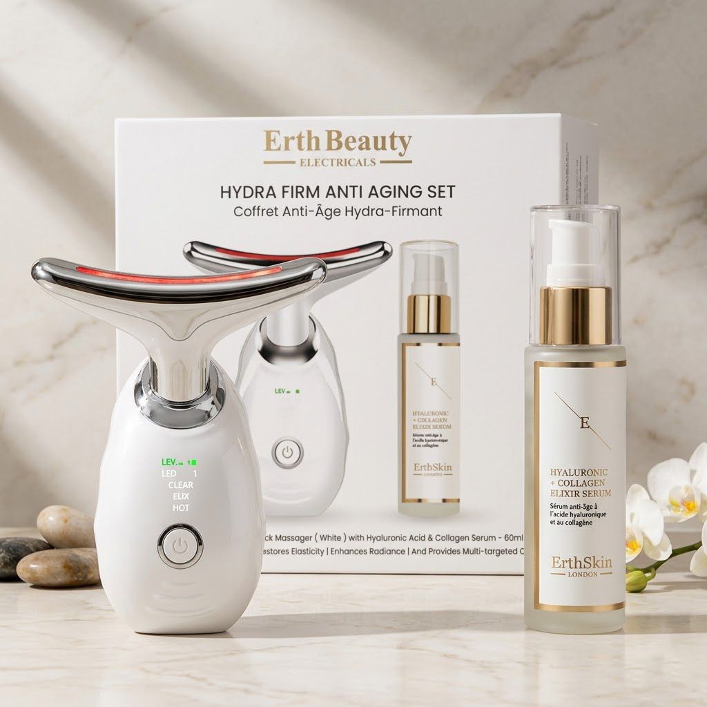Set Erth Skin London Hydra Firm Anti-Aging con due massaggiatori cervicali LED e siero elisir acido ialuronico e collagene.