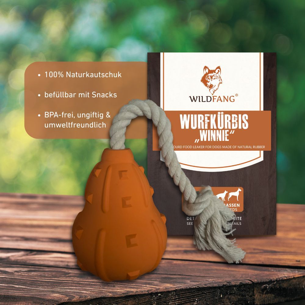 Zucca da lancio arancione con corda e confezione. Confezione con logo WILDFANG e testo.