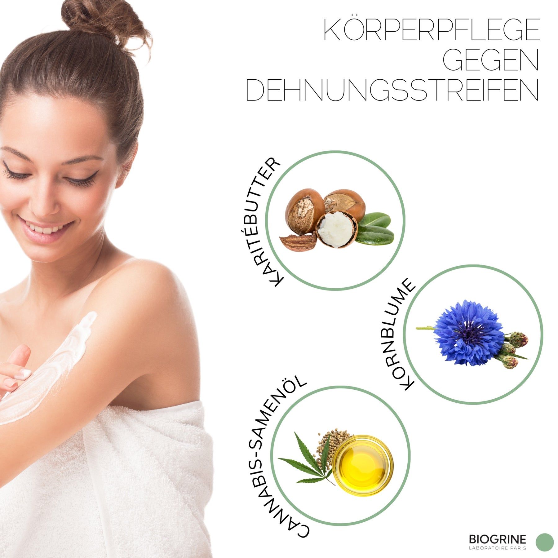 Donna applica crema sul braccio. Accanto, immagini di burro di karité, fiordaliso e olio di semi di cannabis. Marchio: BIOGRINE.