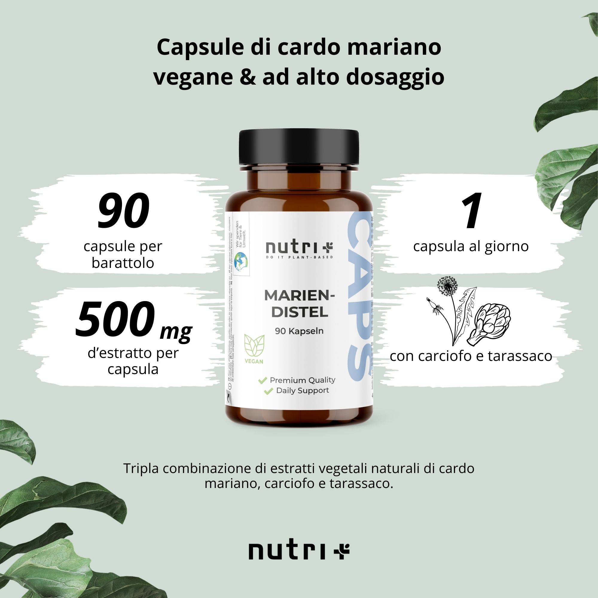 Flacone di capsule di cardo mariano. Testo: 90 capsule, 500 mg per capsula. Sigillo: Vegan.