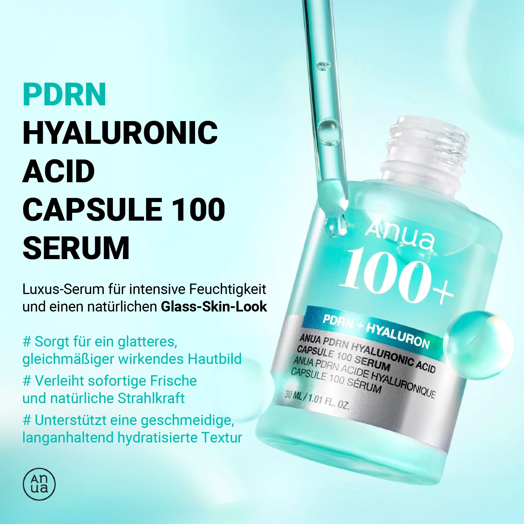 Flacone di siero con pipetta. Scritta: PDRN Hyaluronic Acid Capsule 100 Serum. Marchio: Anua. Flacone con liquido blu.