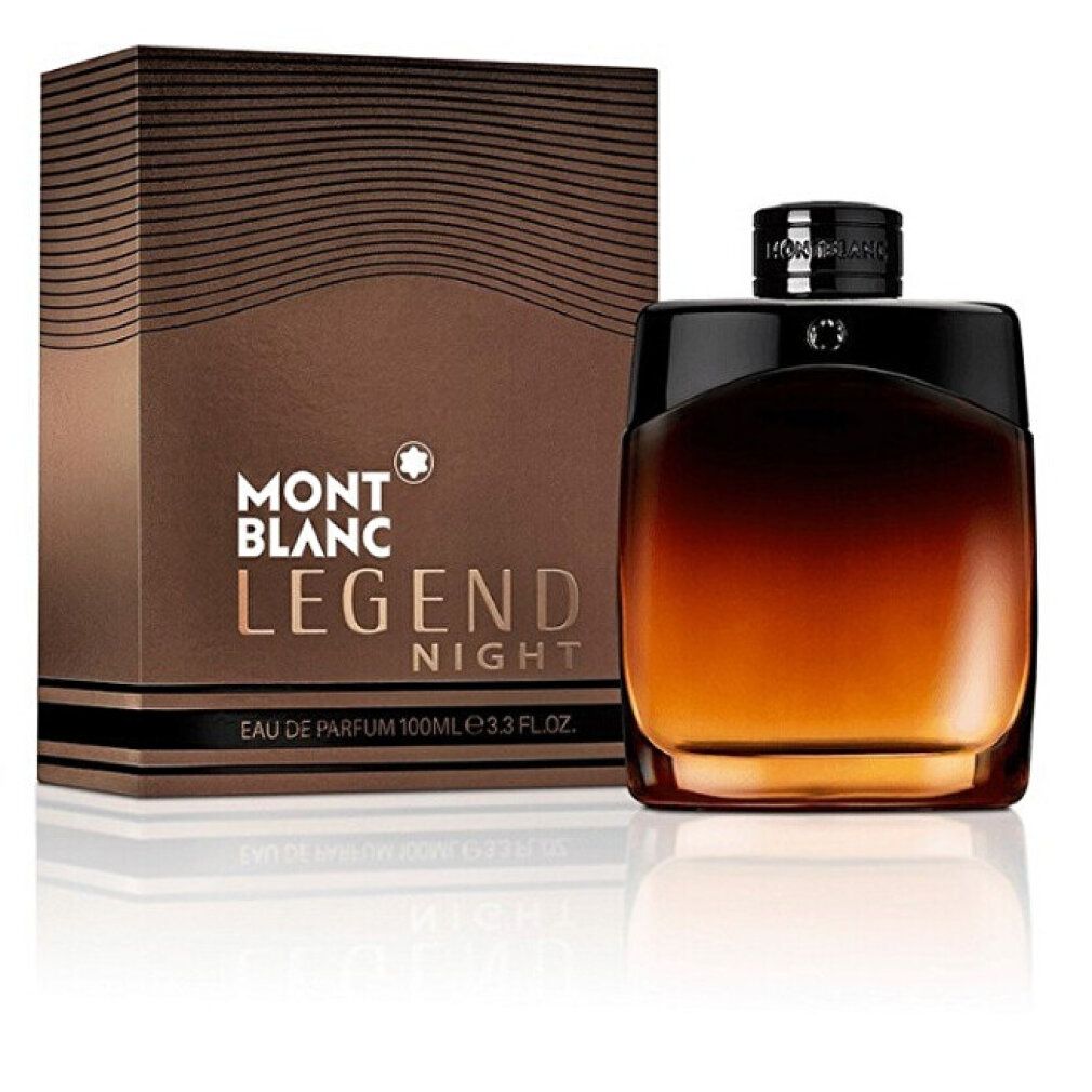 Flacone Montblanc Legend Night Eau de Parfum e confezione. Tappo nero, vetro marrone, confezione marrone con logo.