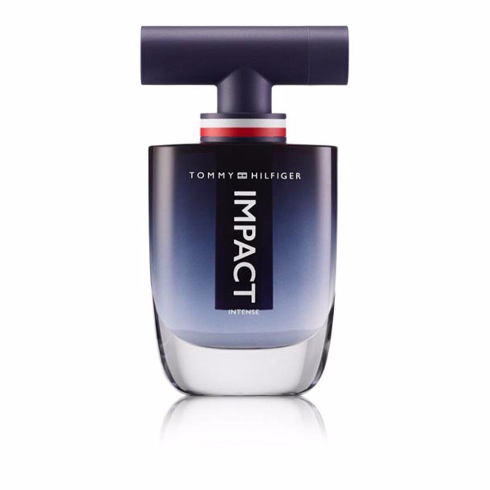 Flacone Tommy Hilfiger Impact Intense. Sfumatura blu-nera. Tappo nero con striscia rossa e bianca.