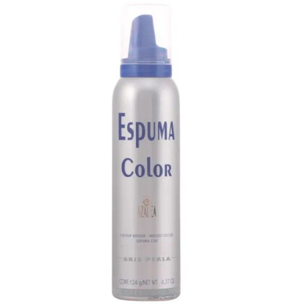 Flacone spray argento con erogatore blu. Scritta: Espuma Color. Testo: Gris Perla. Marchio: Azalea.