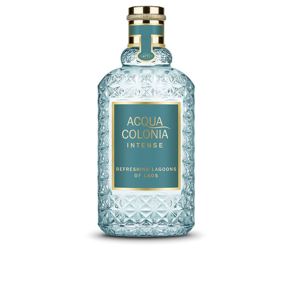 Flacone di profumo azzurro chiaro con tappo dorato. Scritta: ACQUA COLONIA INTENSE. Testo su etichetta verde.