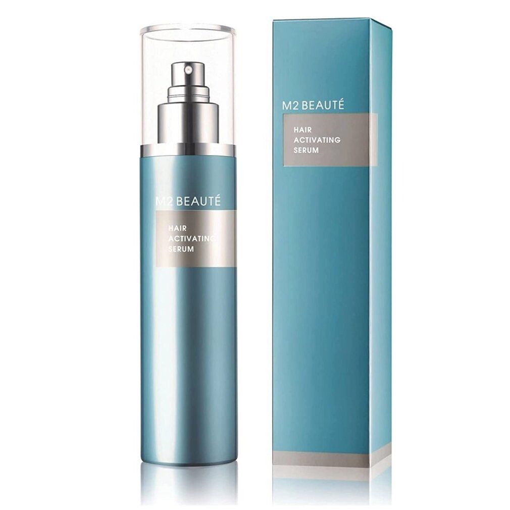 Flacone blu-argento con vaporizzatore e scatola. Scritta: M2 Beauté, Hair Activating Serum.