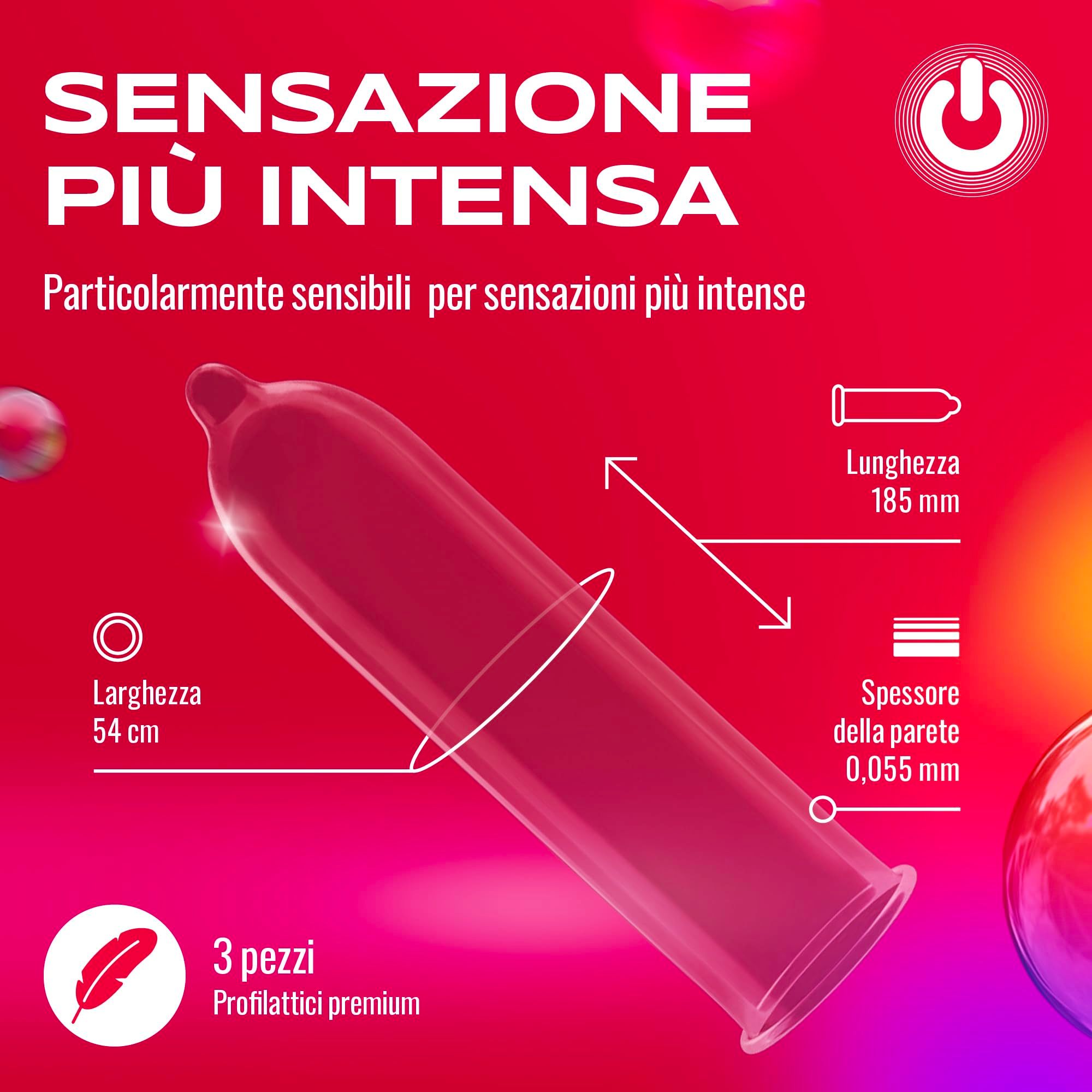 Preservativo ON Super Thin: 54mm di larghezza, 185mm di lunghezza, 0,055mm di spessore. Per sensazioni intense.