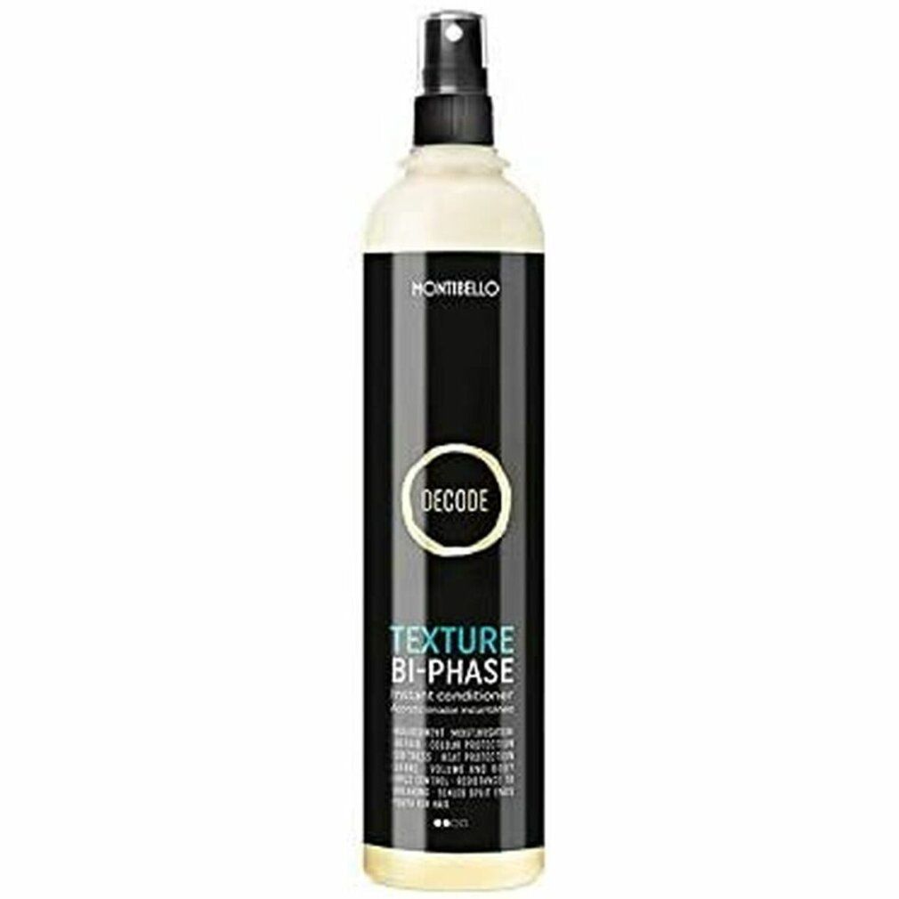 Flacone spray per capelli con etichetta nera. Scritta: Montibello, Decode, Texture Bi-Phase. Erogatore spray.
