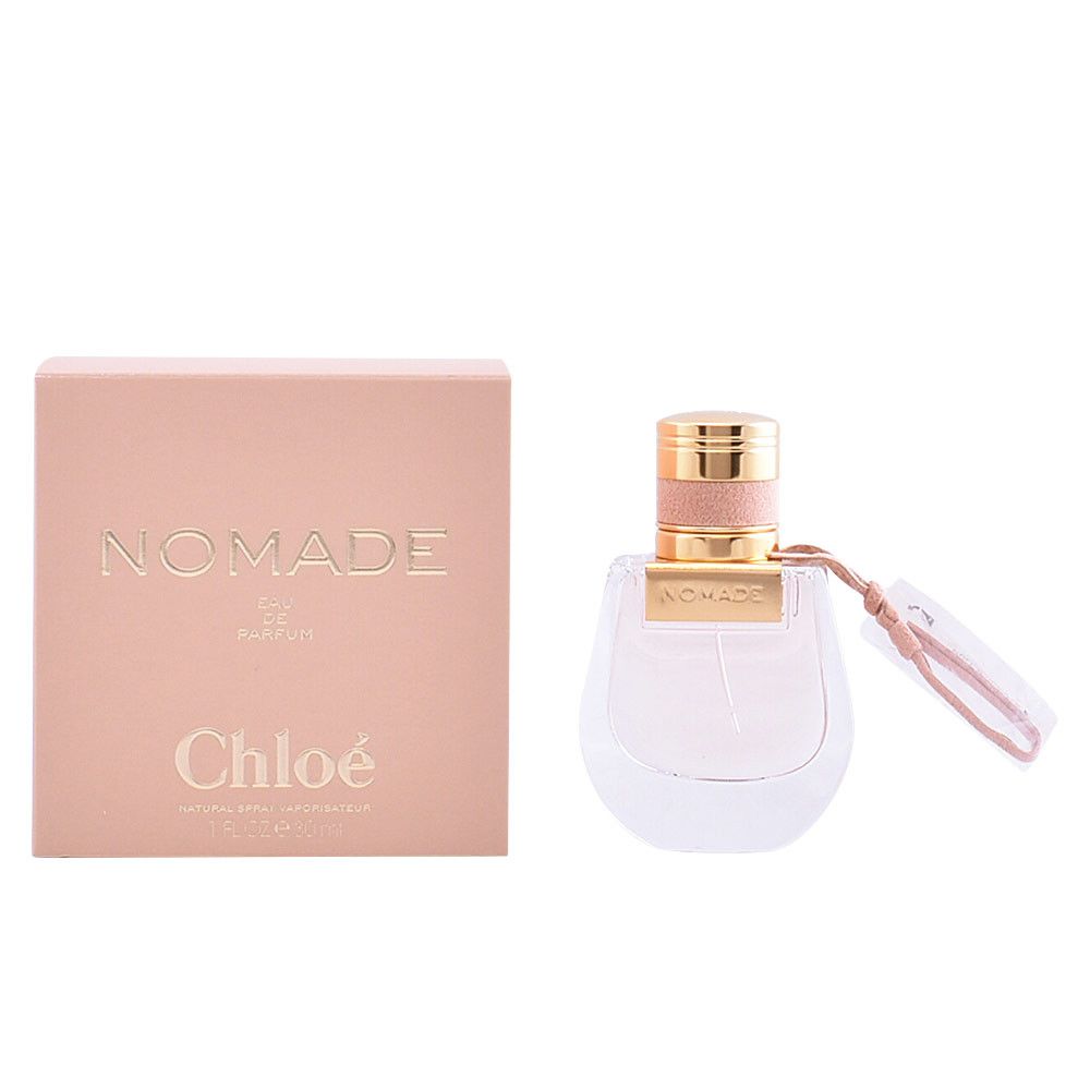 Chloé Nomade E.d.P. Nat. Spray. Flacone e confezione rosa. Tappo dorato. Etichetta.