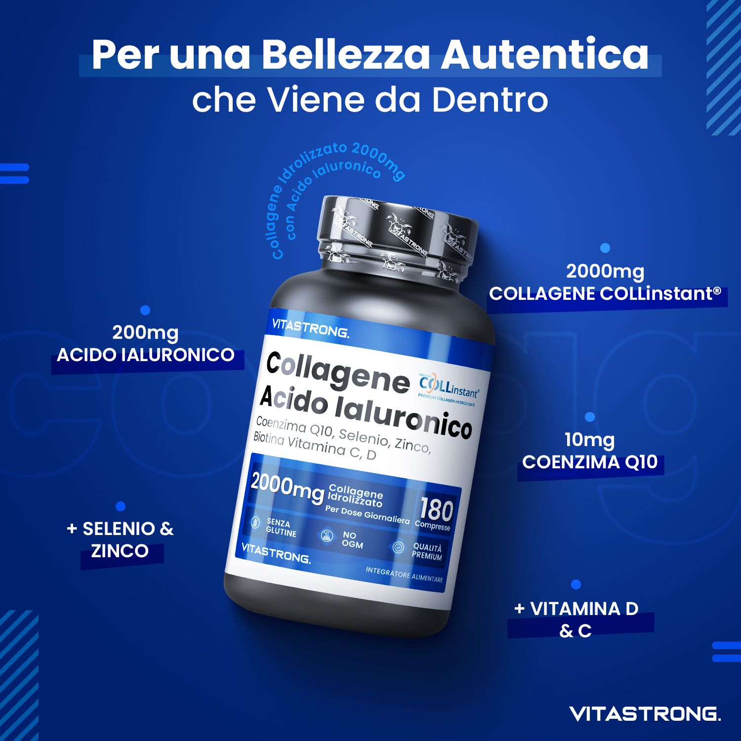 Vitastrong Magnesio 5-in-1 & Collagene + Acido Ialuronico – Pelle e benessere