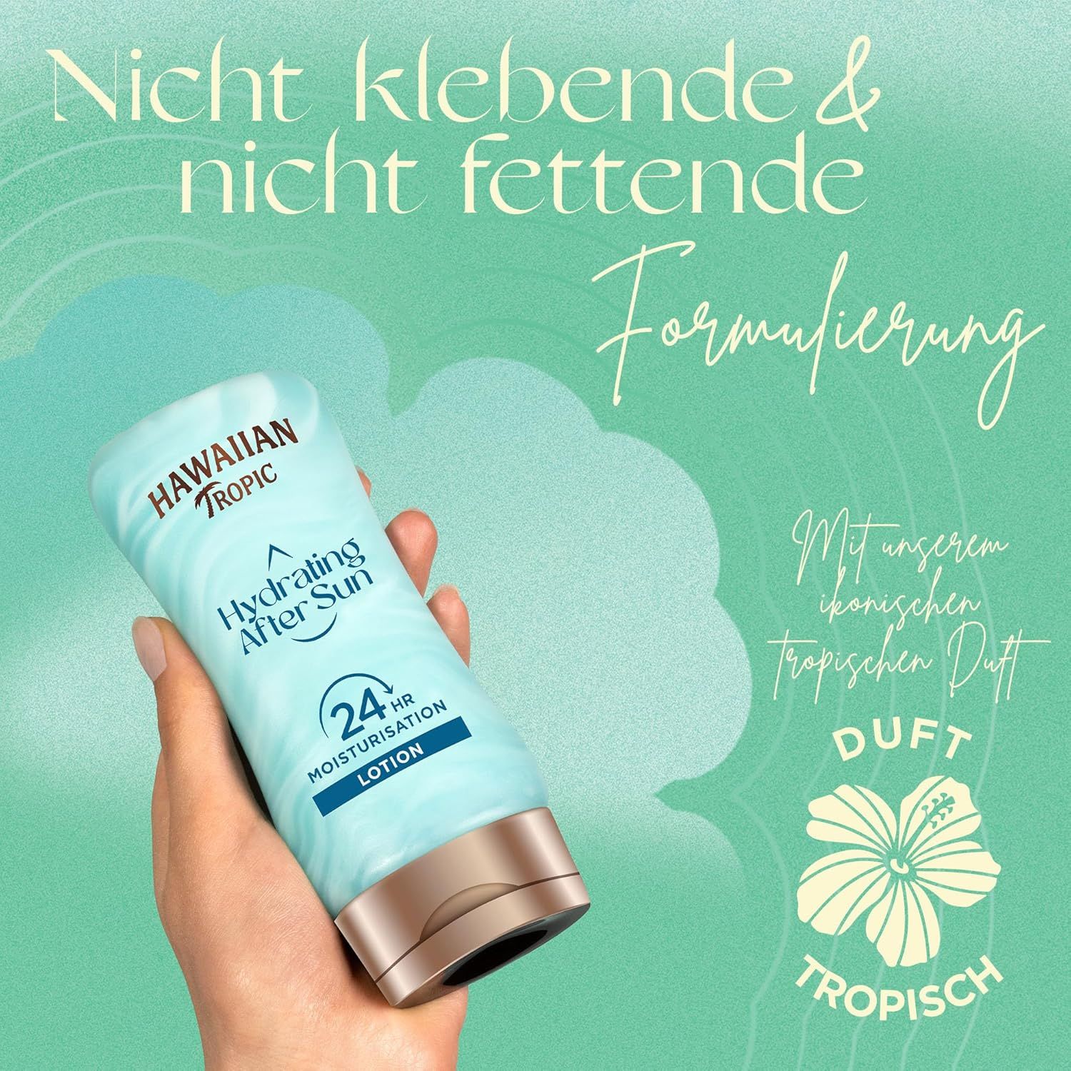 Hawaiian Tropic Hydrating After Sun Lotion. Flacone in mano. Testo: non grasso, profumo tropicale, 24h Moisturisation, Lotion.