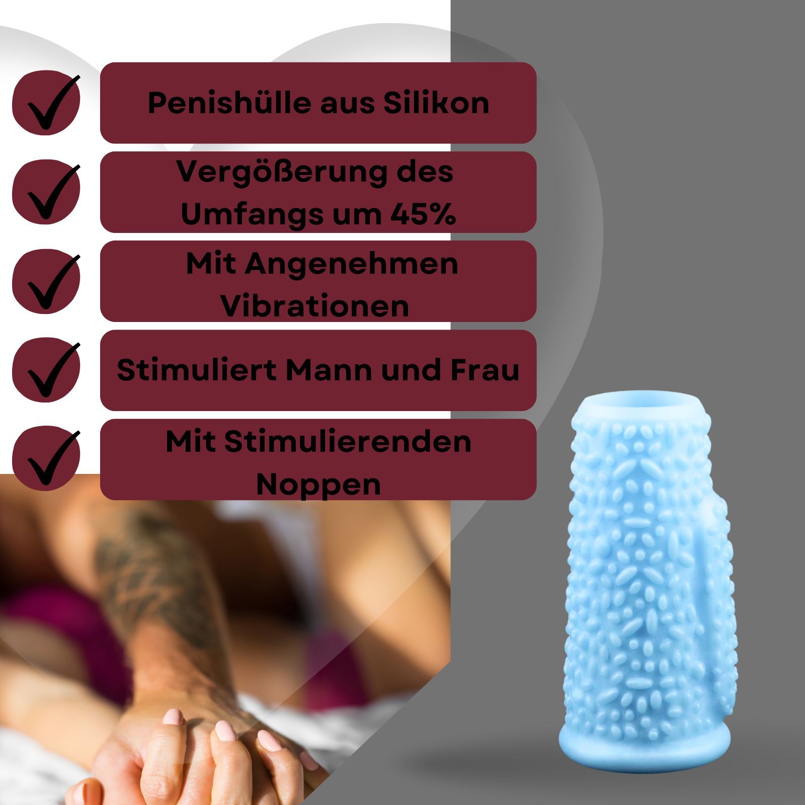 Guaina peniena blu con noduli. Testo: Guaina in silicone, aumento del 45% della circonferenza, vibrazioni, stimolazione.