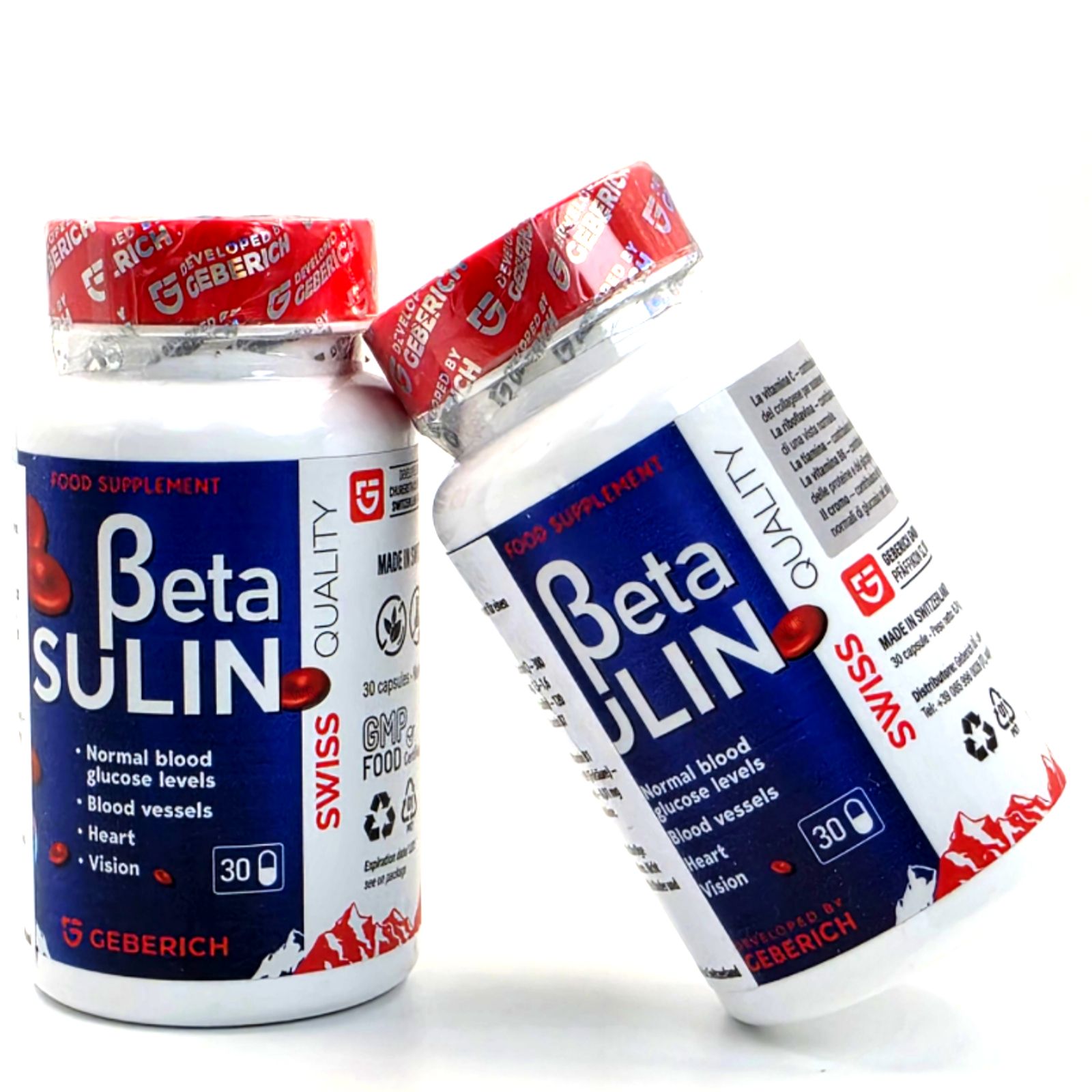 Due contenitori di capsule BetaSulin, ciascuno con 30 capsule. Etichetta: "Normal blood glucose levels, Blood vessels, Heart, Vision". Marca: Geberich.