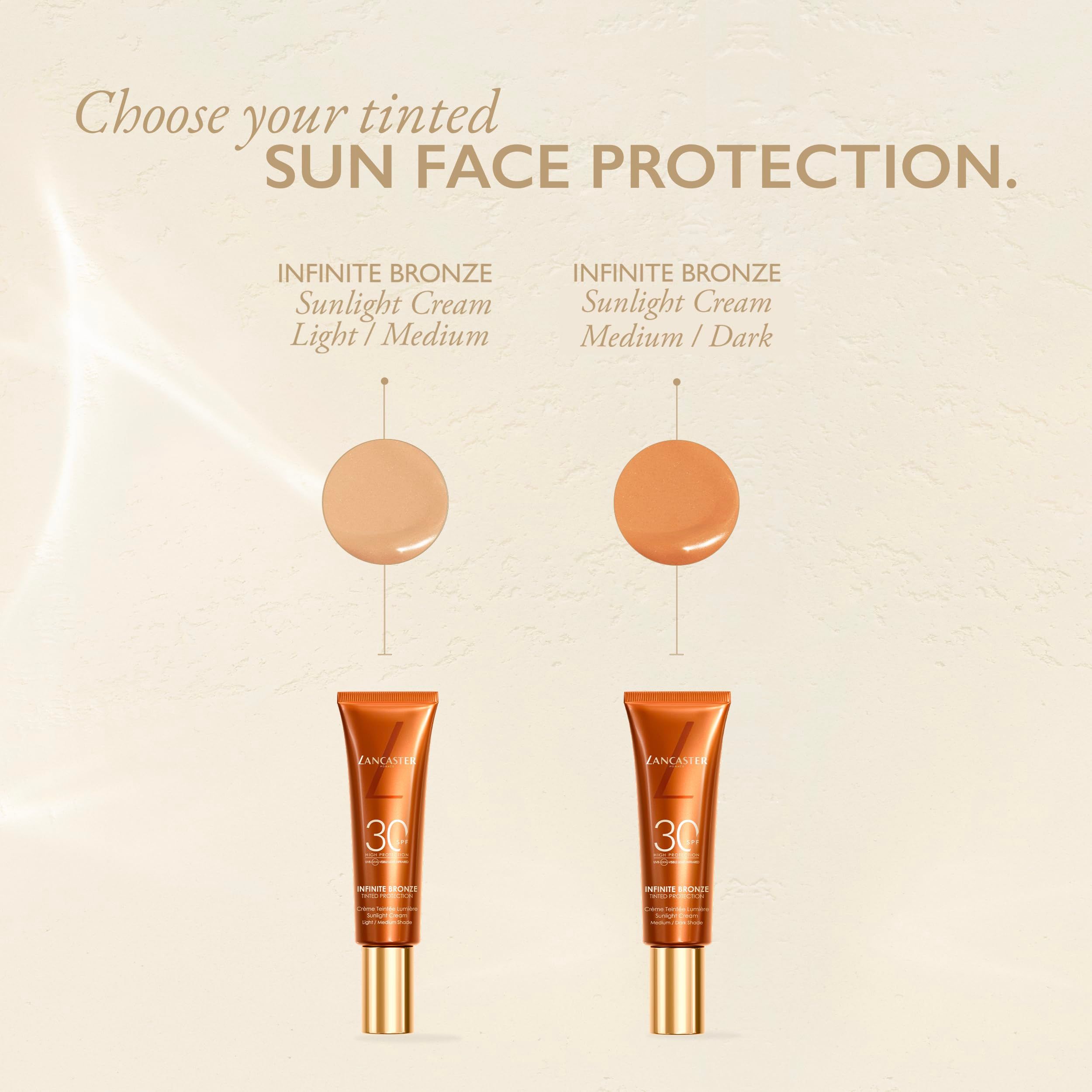 Due tubi Infinite Bronze Sunlight Cream. Campioni di colore e nomi dei prodotti. Scelta protezione solare colorata.