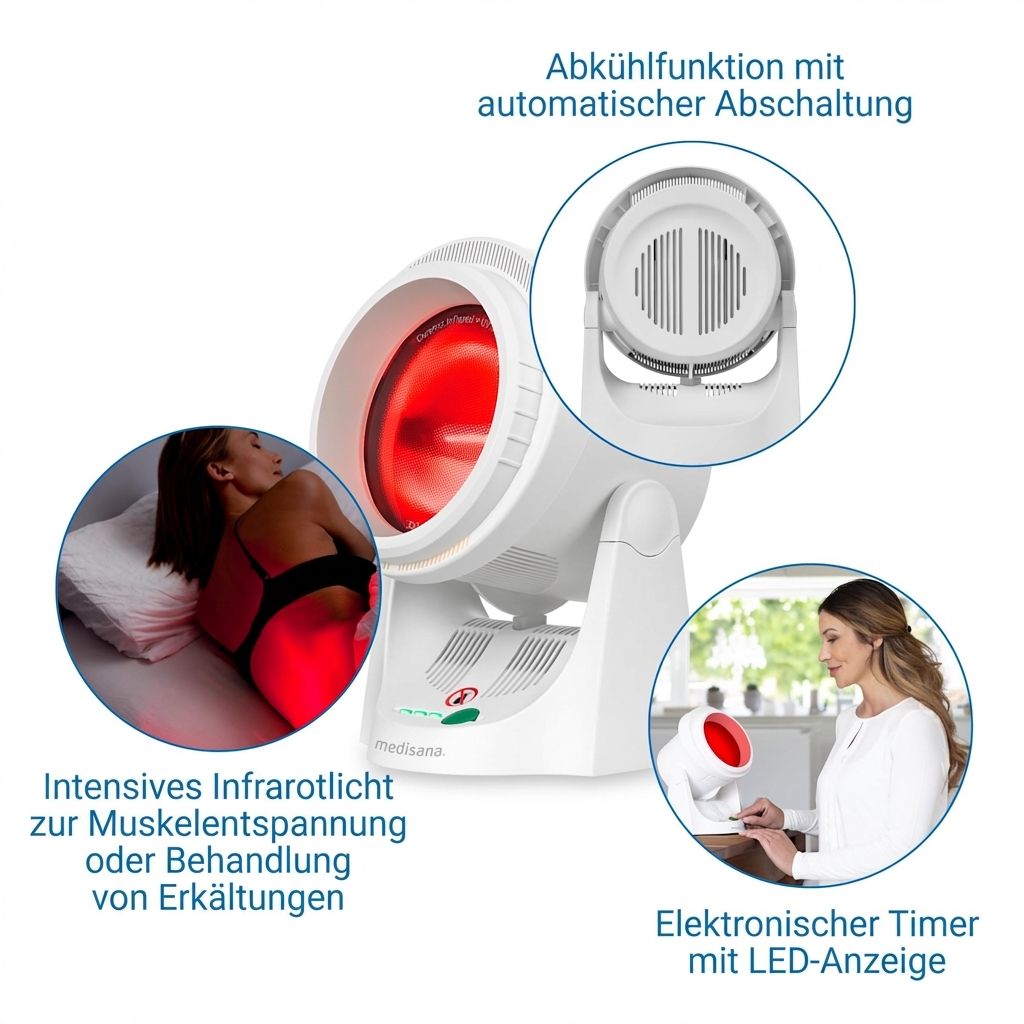 Lampada a infrarossi con funzione di raffreddamento, timer e istruzioni.
