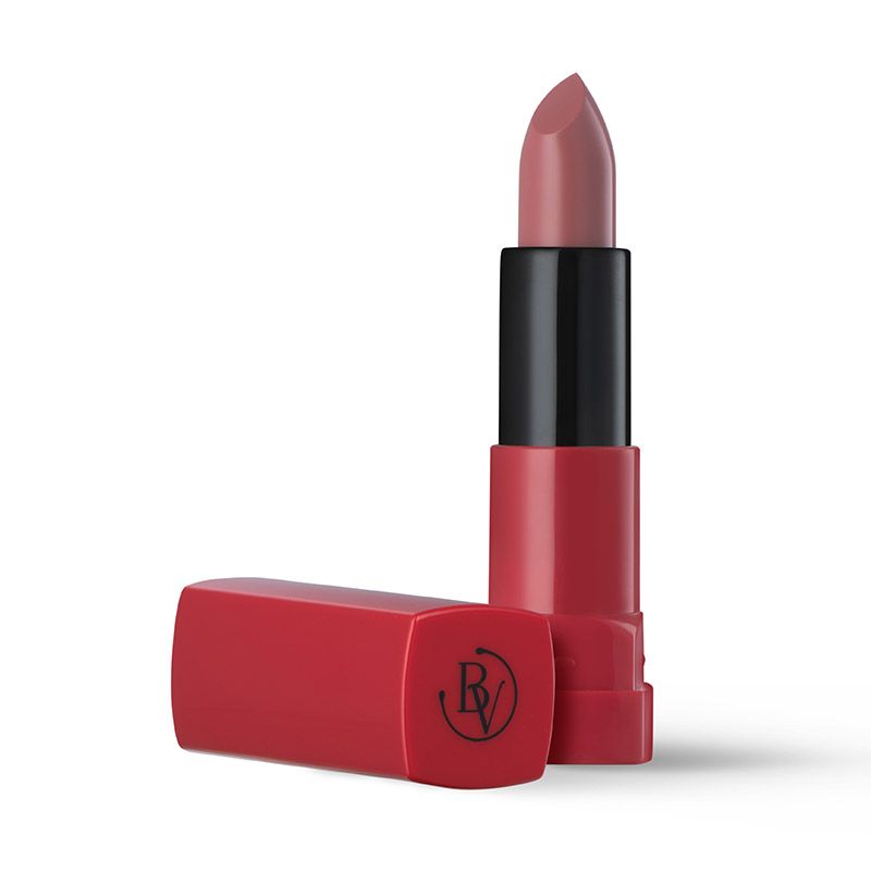 Rossetto rosa chiaro, astuccio rosso e nero. Tappo aperto. Logo BV sul tappo.