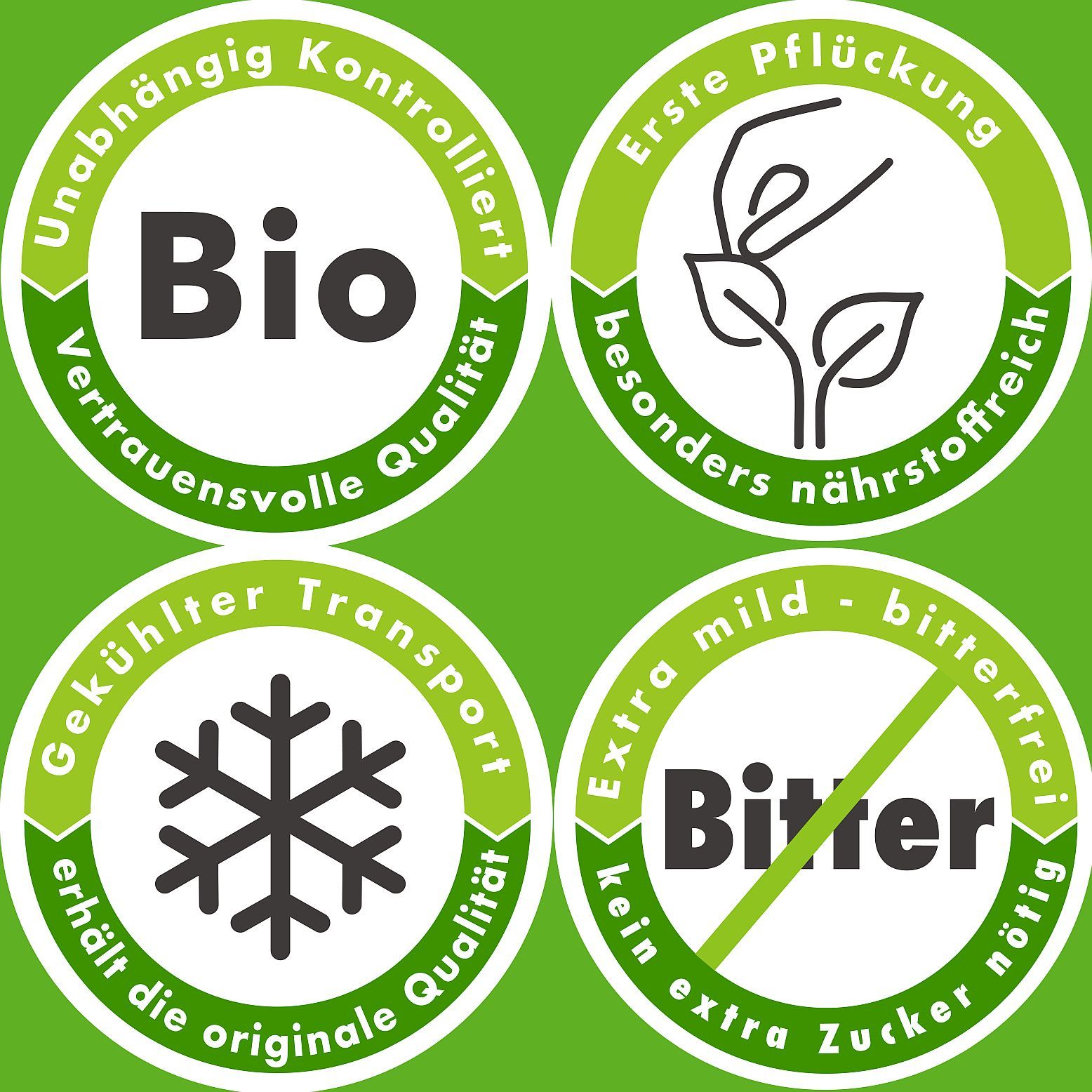 Quattro sigilli verdi. Sigillo bio, sigillo prima raccolta, trasporto refrigerato, senza amaro.