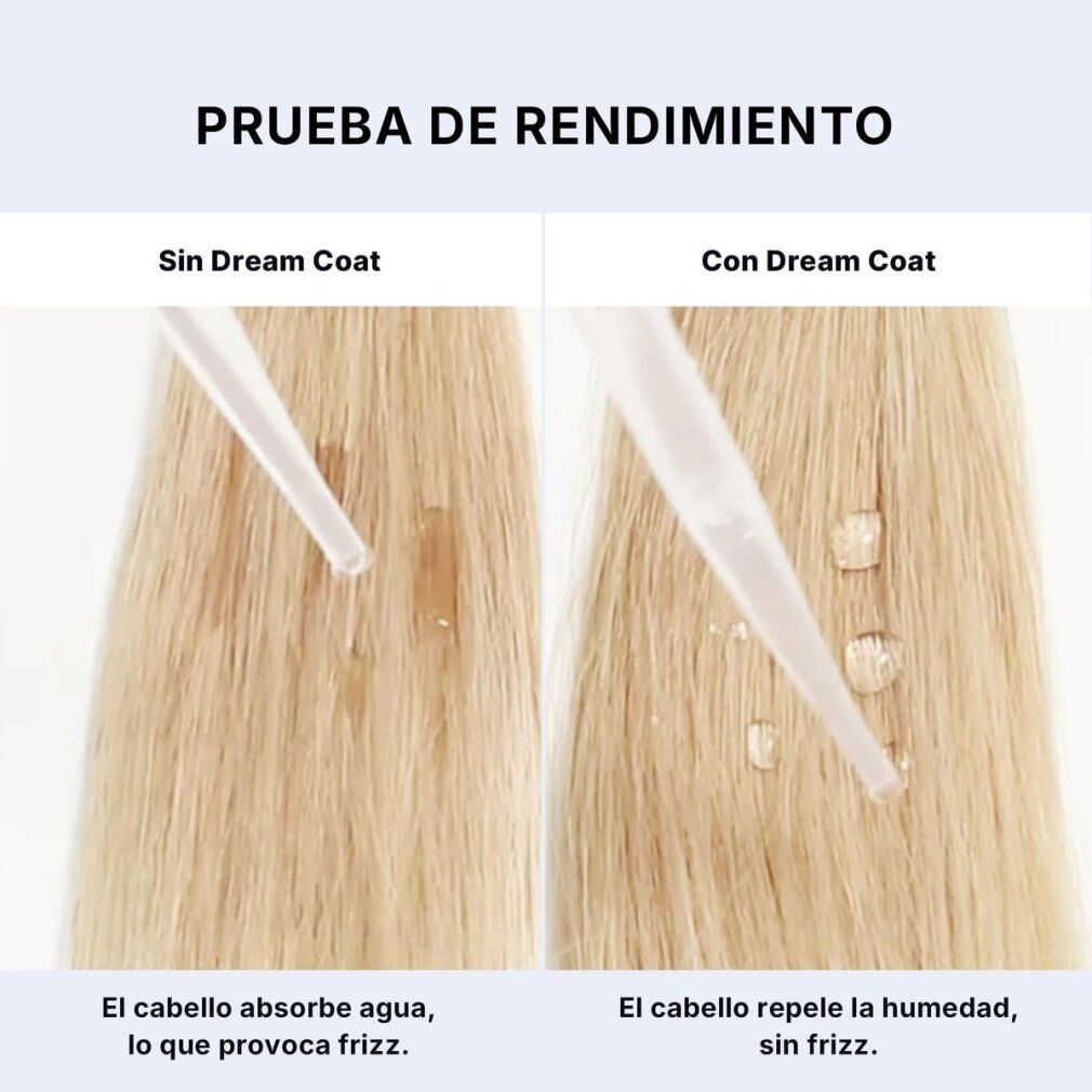 Due ciocche di capelli, una con e una senza prodotto. Gocce d'acqua su entrambe le ciocche. Testo in spagnolo.