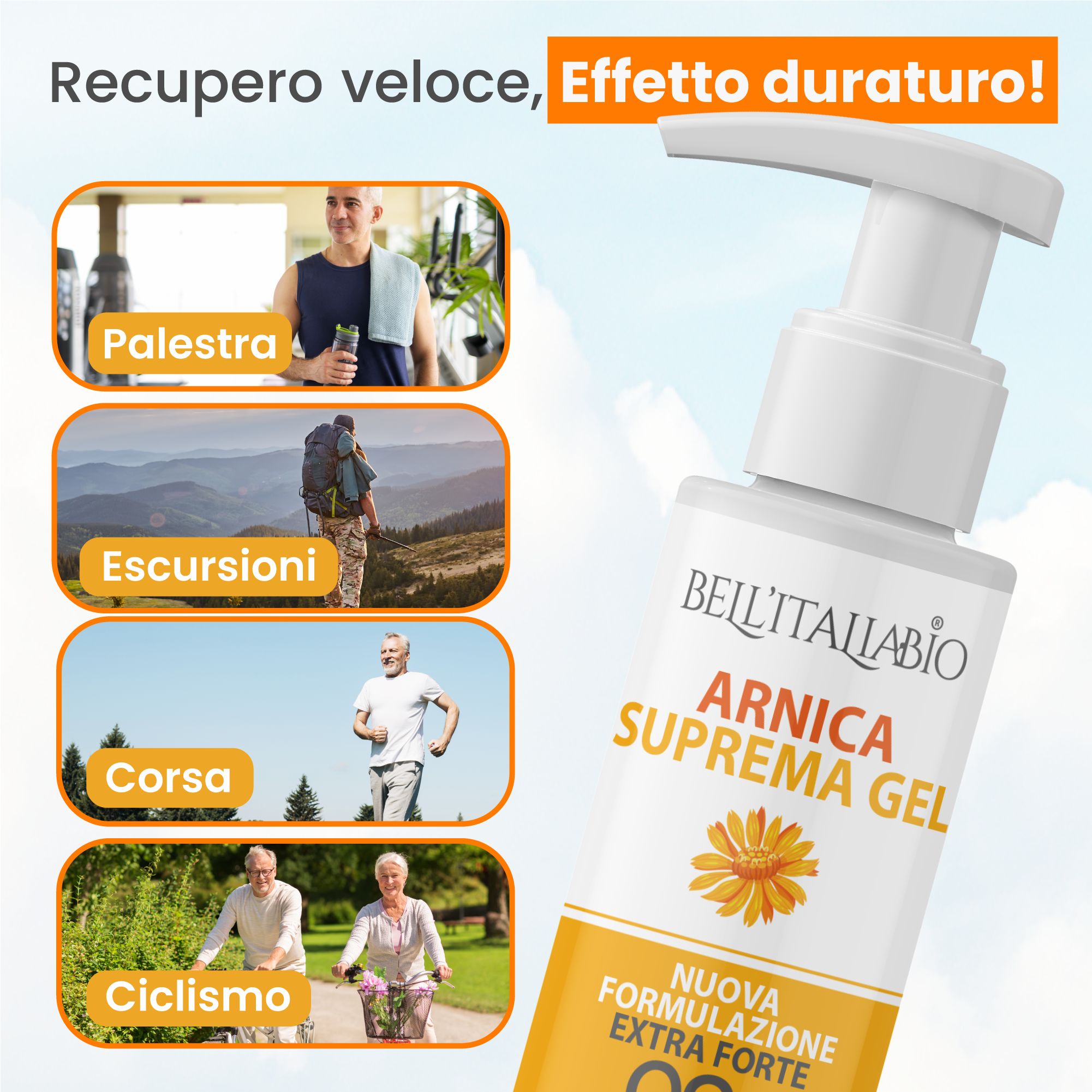 Immagini di persone che fanno sport. Flacone di gel BellItaliabio Arnika Supreme. Testo: Recupero veloce, effetto duraturo.
