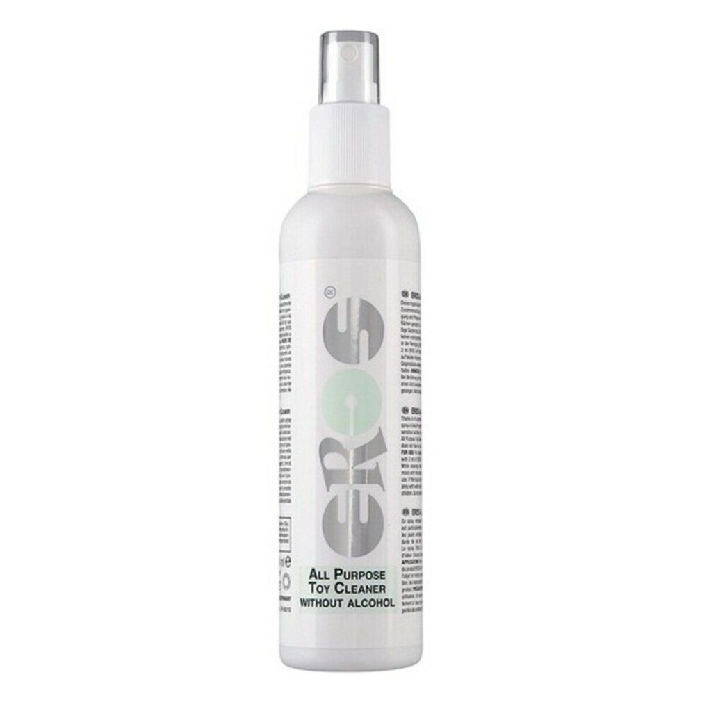 Flacone spray bianco con logo "EROS" e testo: "All Purpose Toy Cleaner WITHOUT ALCOHOL".