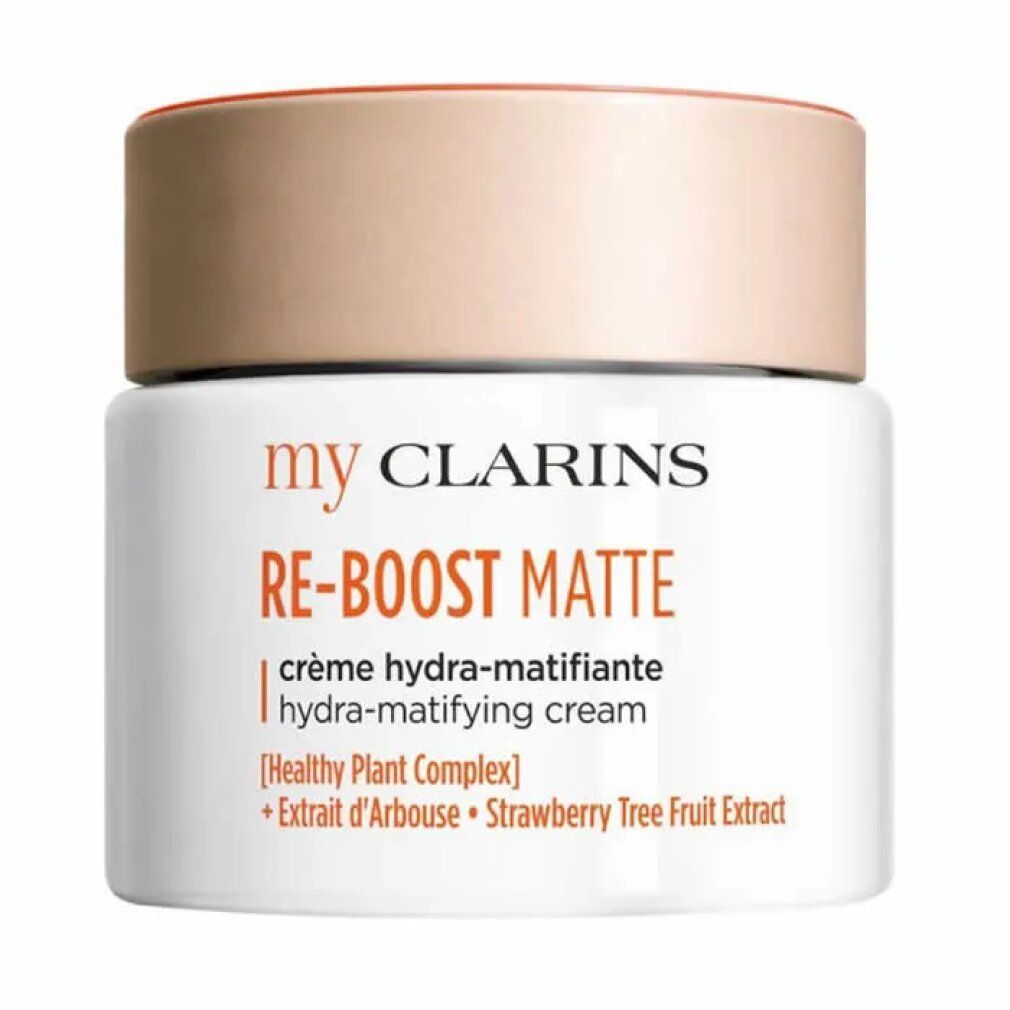 Vasetto bianco con coperchio, testo "my CLARINS RE-BOOST MATTE".
